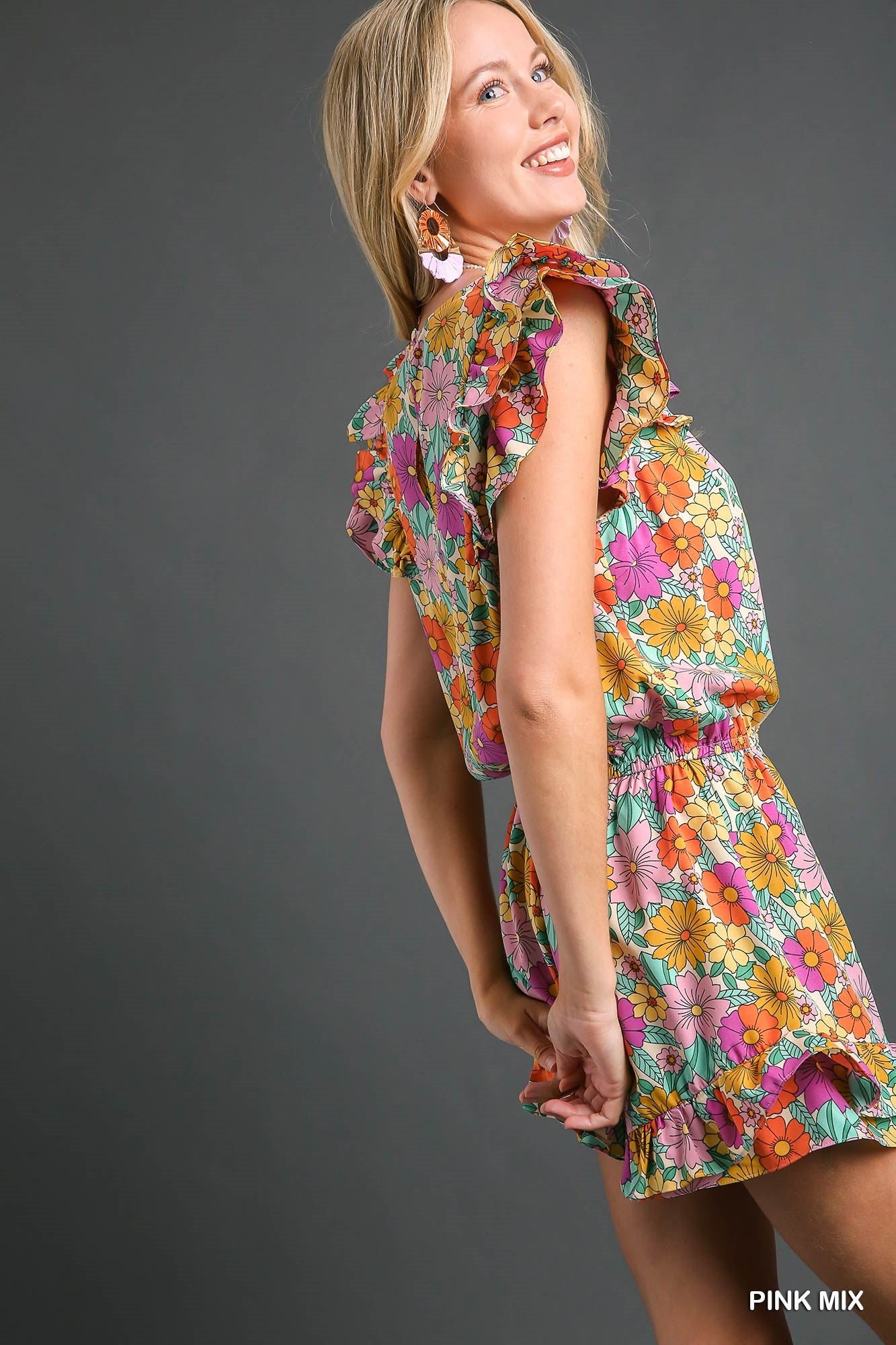 Umgee Floral Print Elastic Waistband Double Layered Ruffle Sleeve Romper