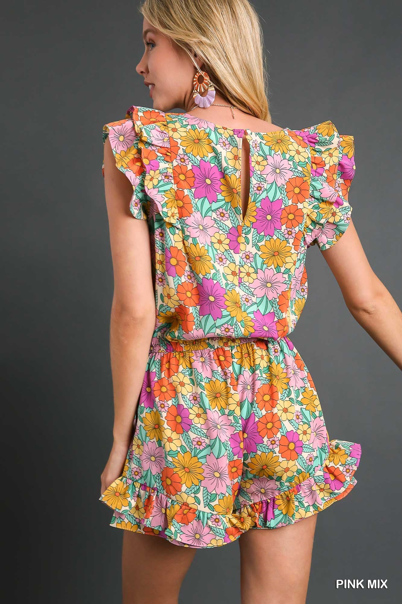 Umgee Floral Print Elastic Waistband Double Layered Ruffle Sleeve Romper