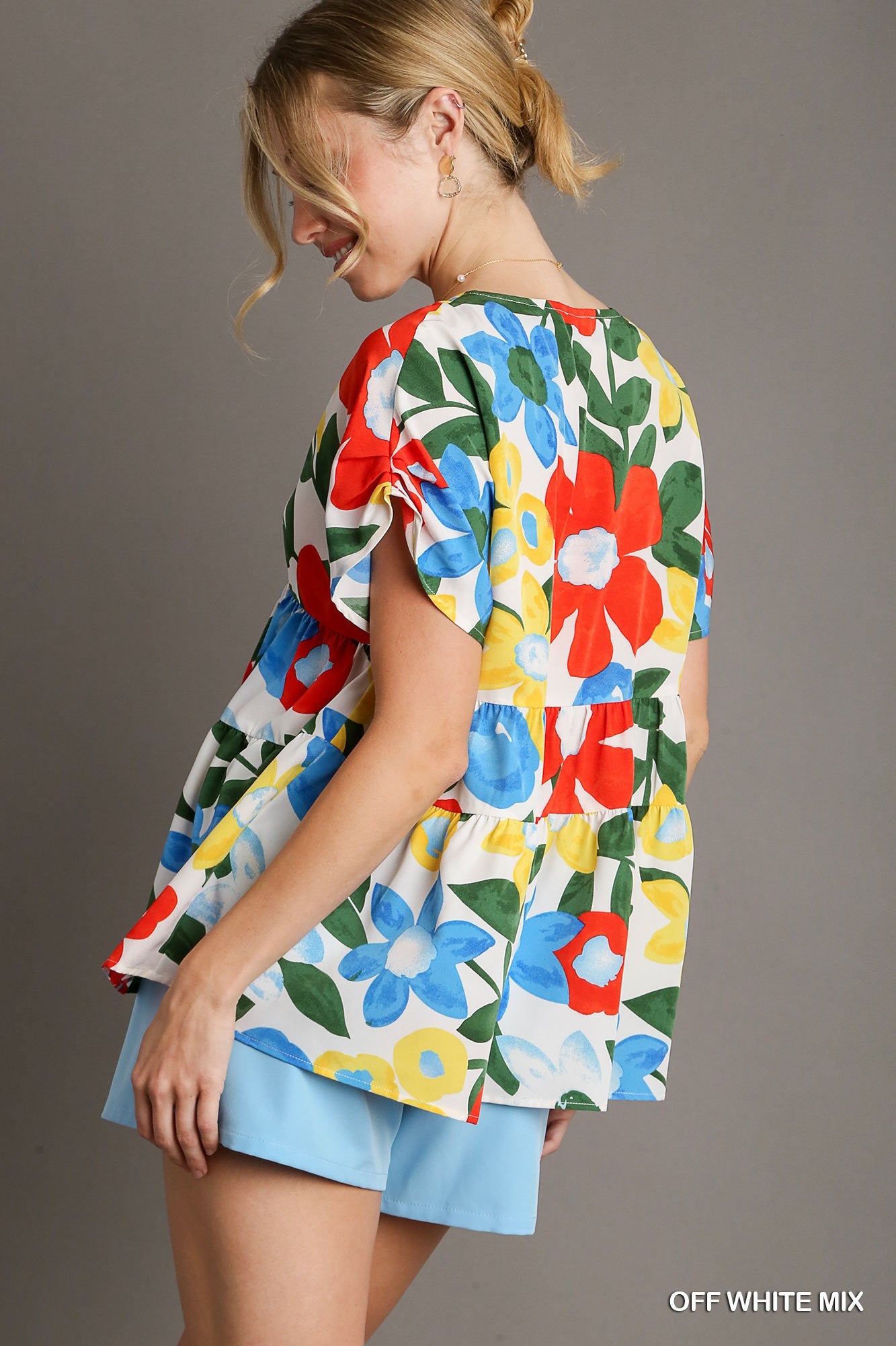 Umgee Babydoll Floral Print Tiered Tucked Detailed On Shoulder Top - Roulhac Fashion Boutique