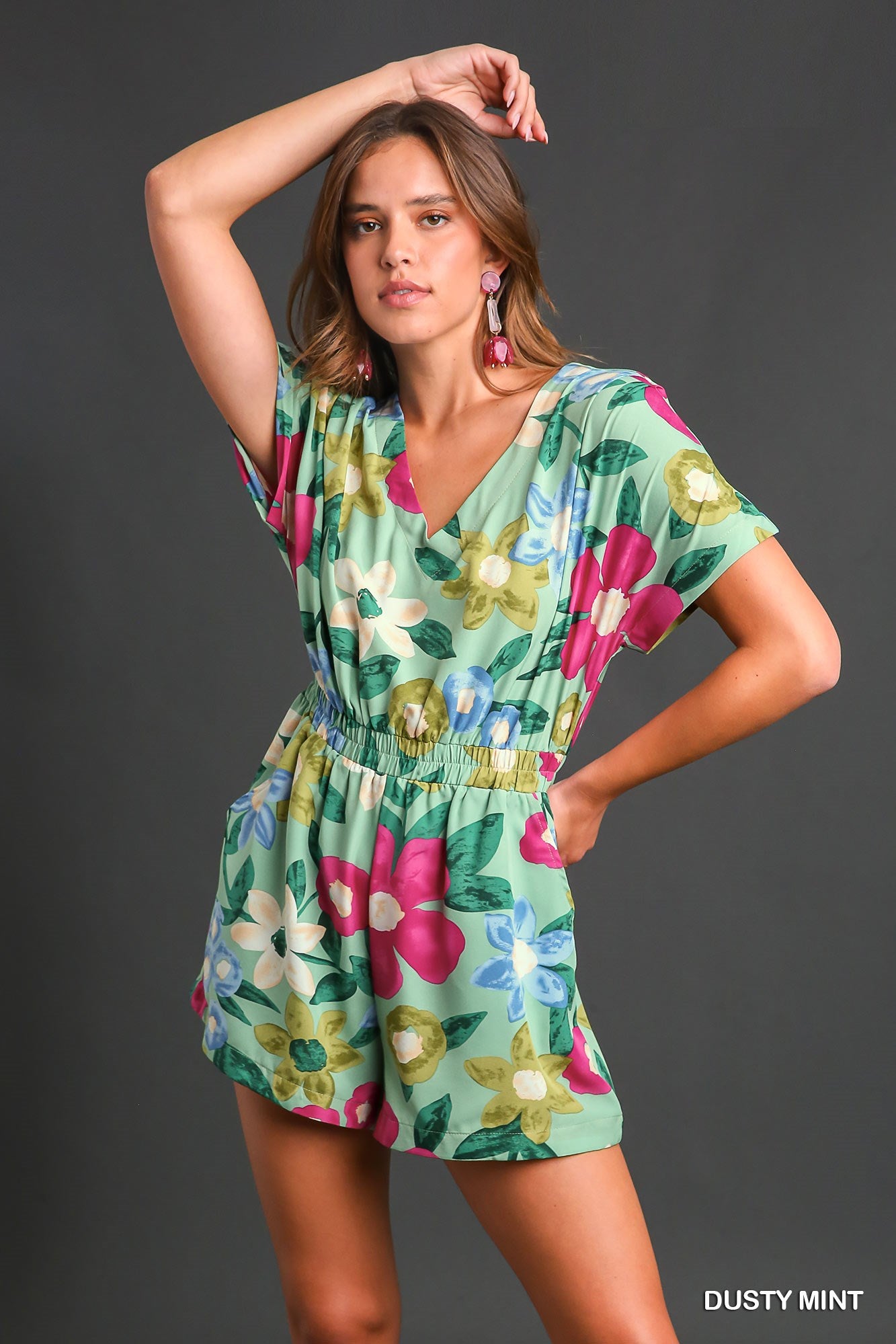 Umgee Floral Smocked Elastic Waistband Side Pocket Romper