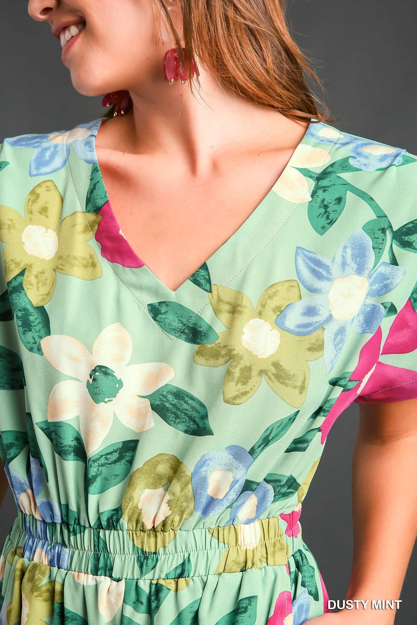 Umgee Floral Smocked Elastic Waistband Side Pocket Romper