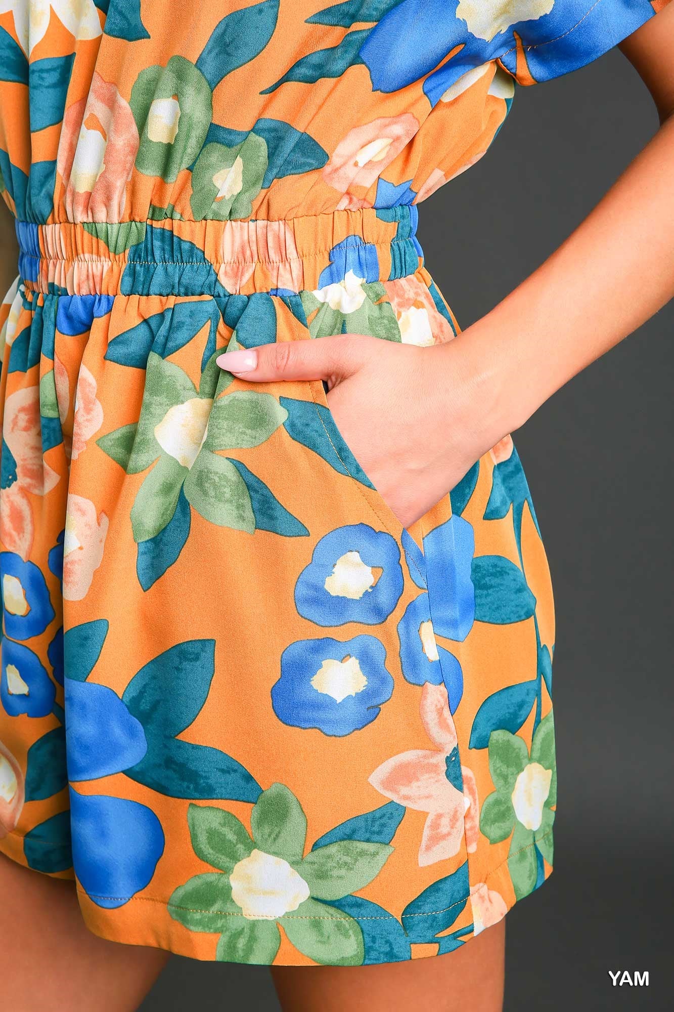 Umgee Floral Smocked Elastic Waistband Side Pocket Romper