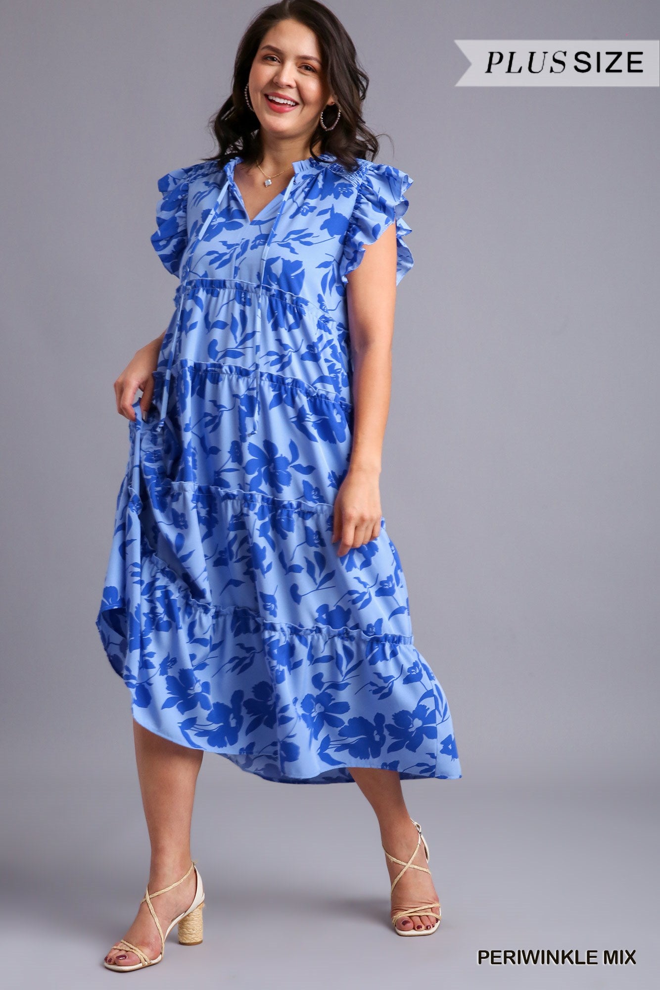 Umgee Plus Split Neck Graphic Floral Print Tiered Ruffle Maxi Dress