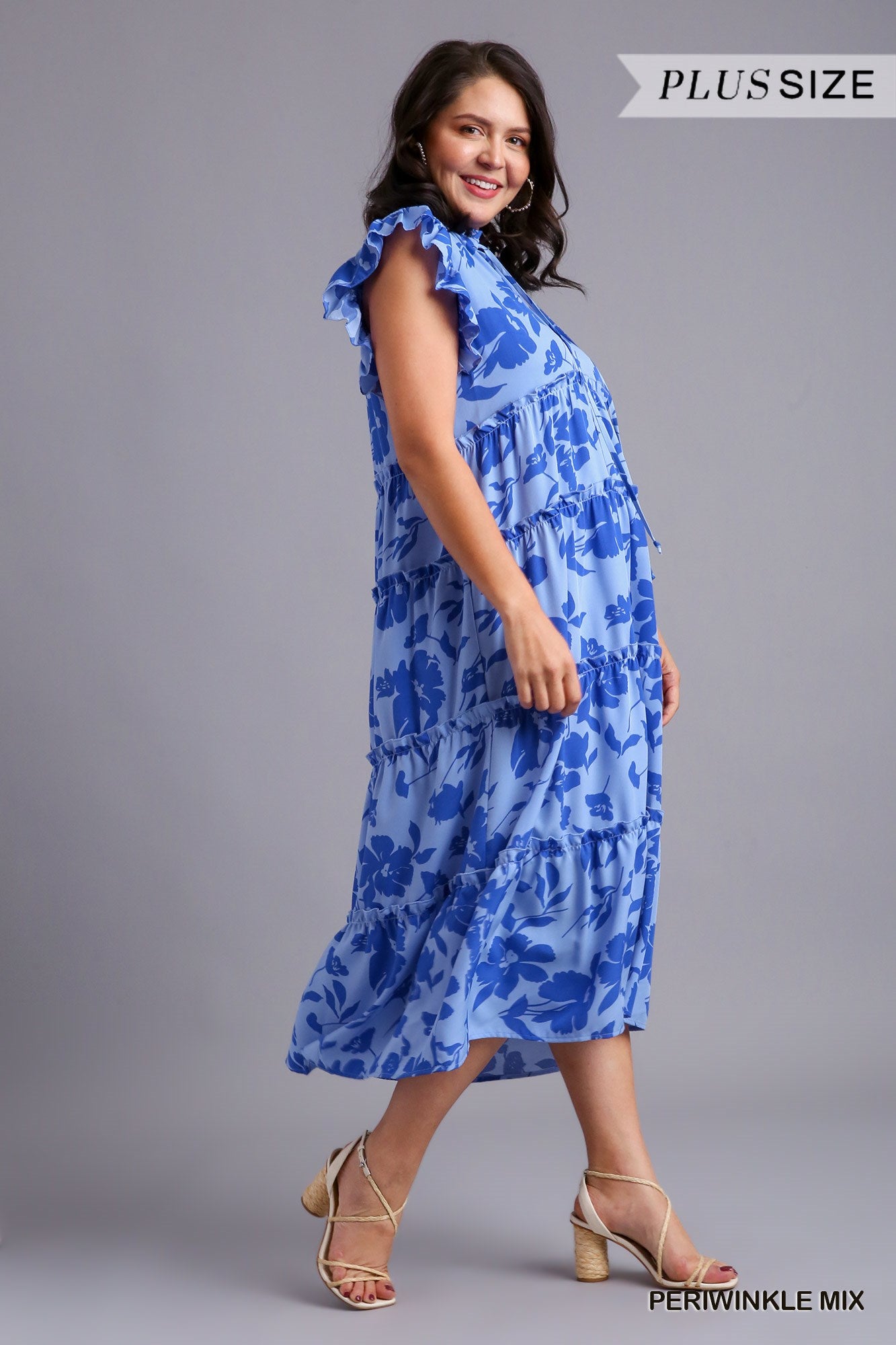 Umgee Plus Split Neck Graphic Floral Print Tiered Ruffle Maxi Dress