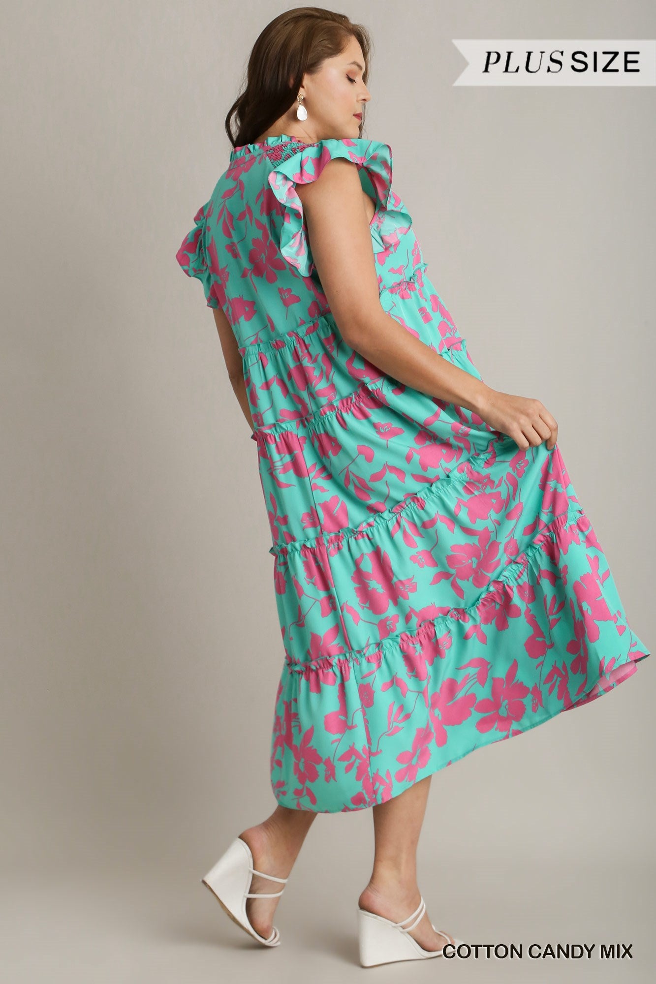 Umgee Plus Split Neck Graphic Floral Print Tiered Ruffle Maxi Dress