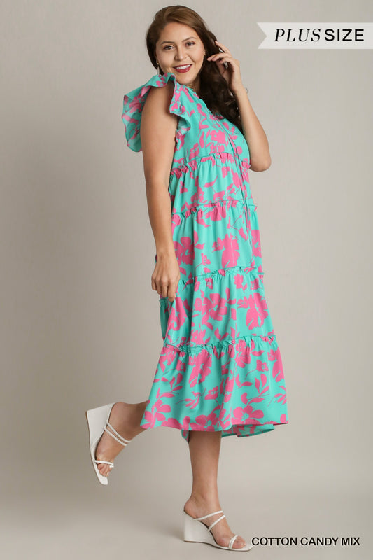Umgee Plus Split Neck Graphic Floral Print Tiered Ruffle Maxi Dress