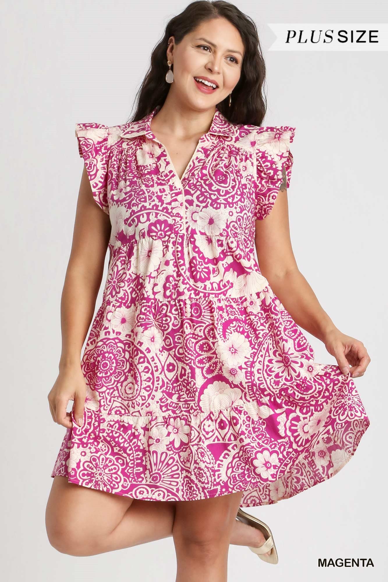 Umgee Plus Abstract Print V-Neck BabyDoll Ruffled Cap Sleeves Dress