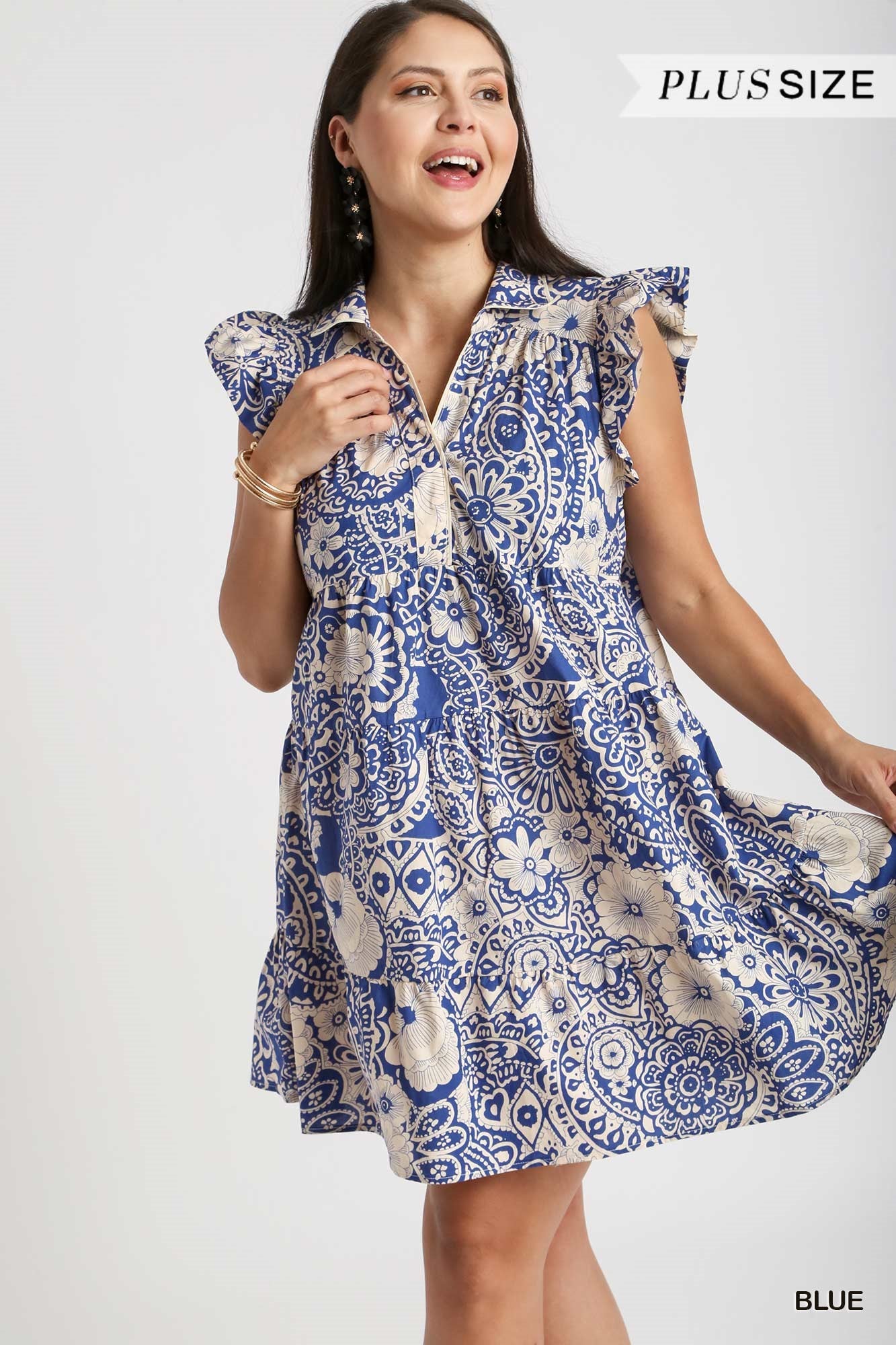 Umgee Plus Abstract Print V-Neck BabyDoll Ruffled Cap Sleeves Dress