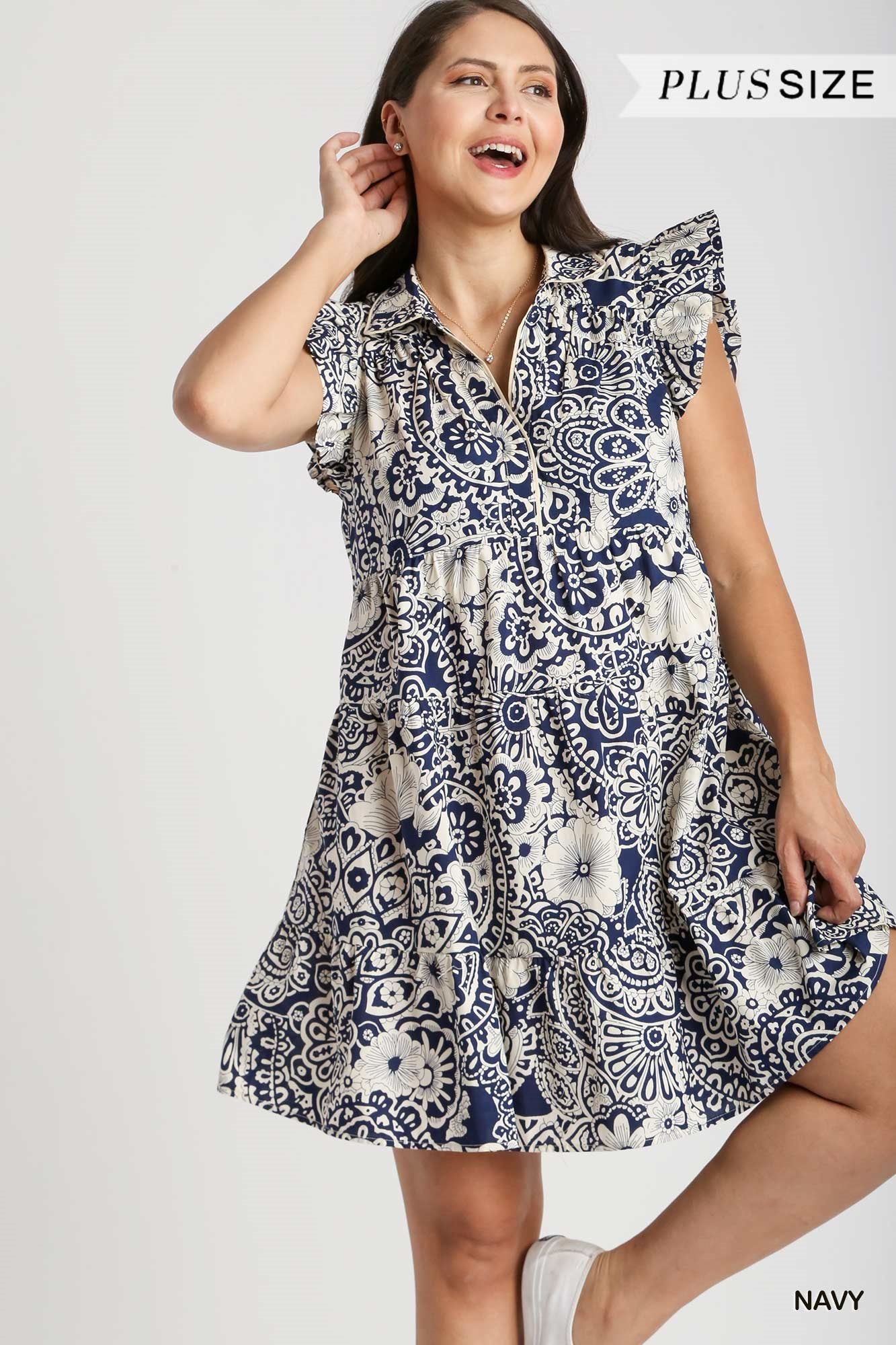 Umgee Plus Abstract Print V-Neck BabyDoll Ruffled Cap Sleeves Dress