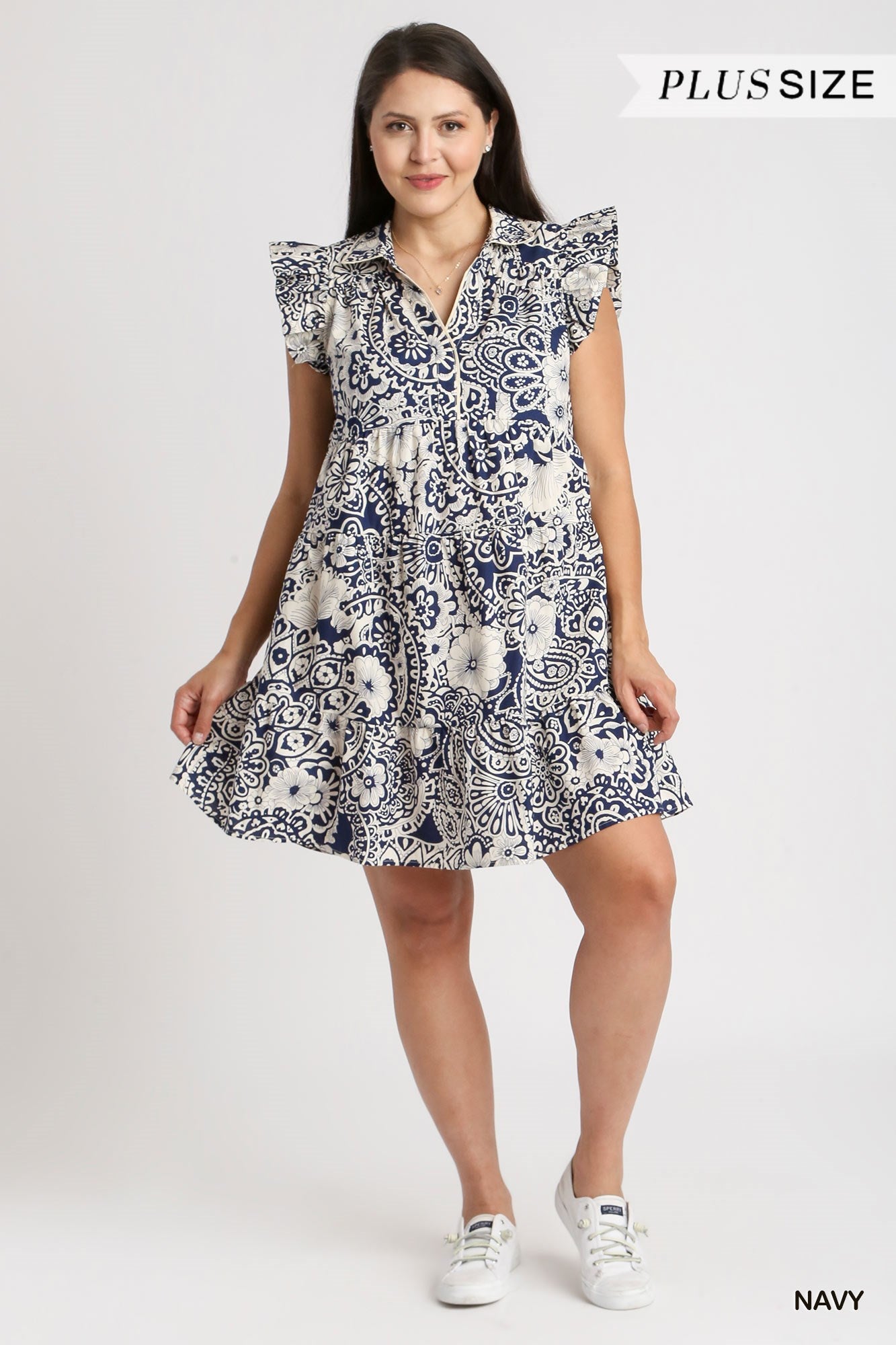 Umgee Plus Abstract Print V-Neck BabyDoll Ruffled Cap Sleeves Dress
