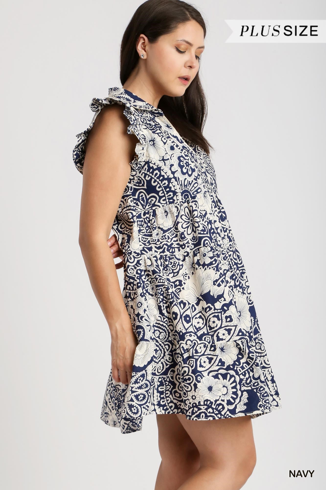 Umgee Plus Abstract Print V-Neck BabyDoll Ruffled Cap Sleeves Dress