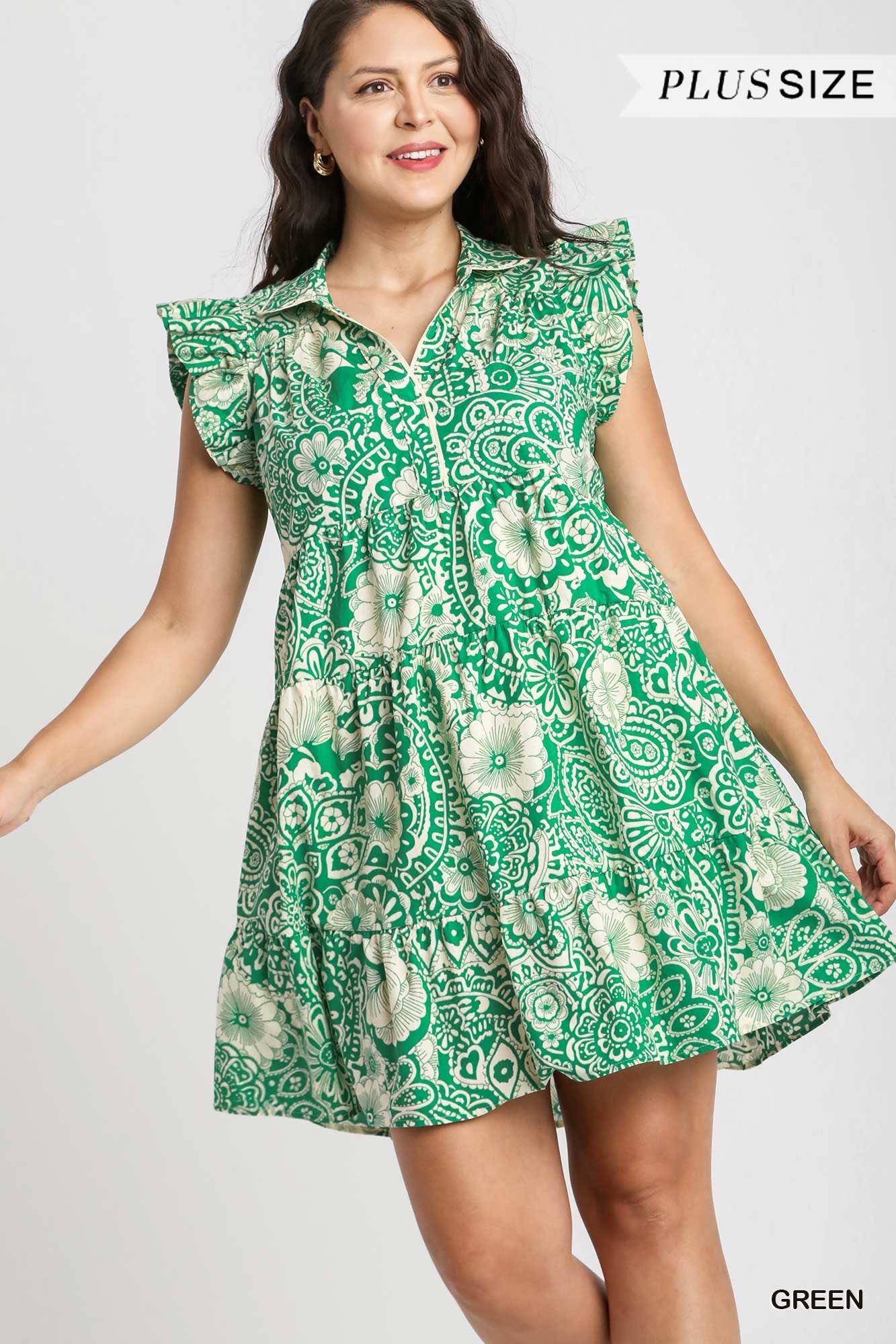 Umgee Plus Abstract Print V-Neck BabyDoll Ruffled Cap Sleeves Dress