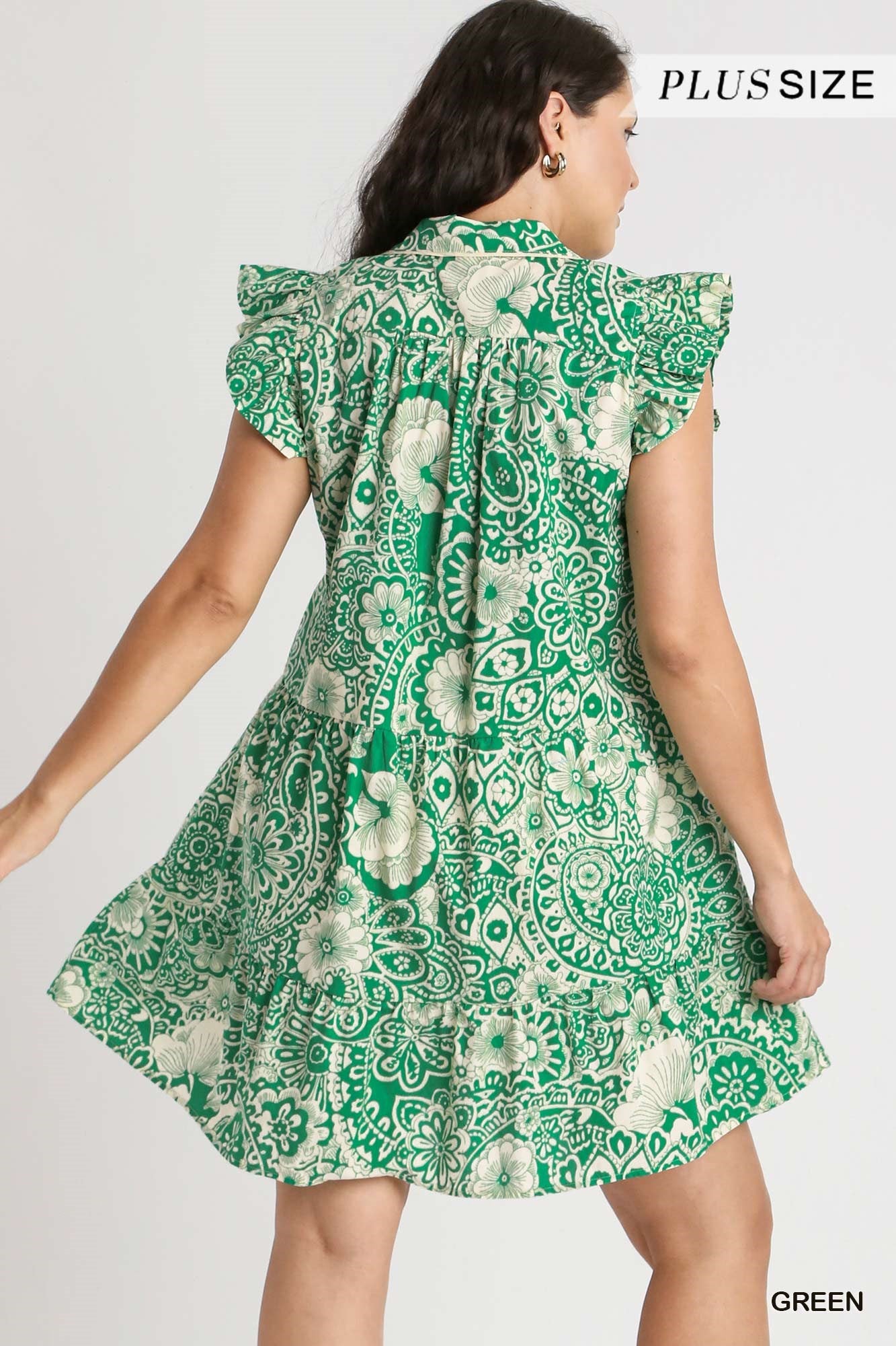 Umgee Plus Abstract Print V-Neck BabyDoll Ruffled Cap Sleeves Dress