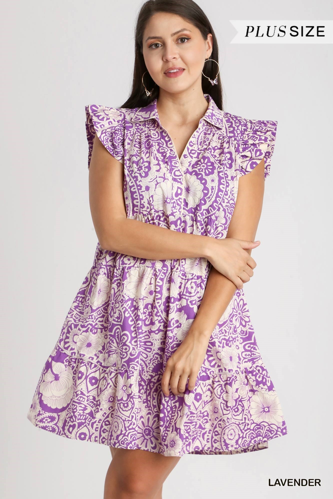 Umgee Plus Abstract Print V-Neck BabyDoll Ruffled Cap Sleeves Dress