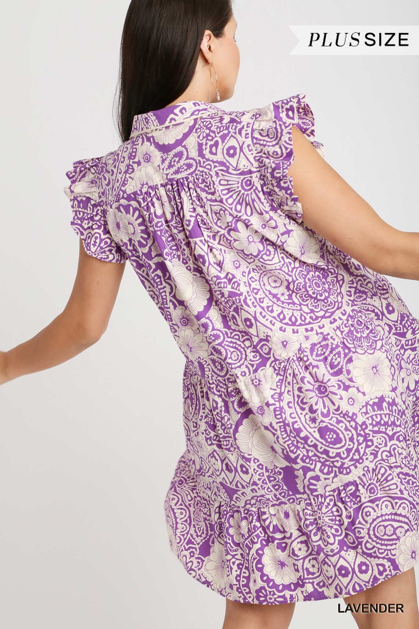 Umgee Plus Abstract Print V-Neck BabyDoll Ruffled Cap Sleeves Dress