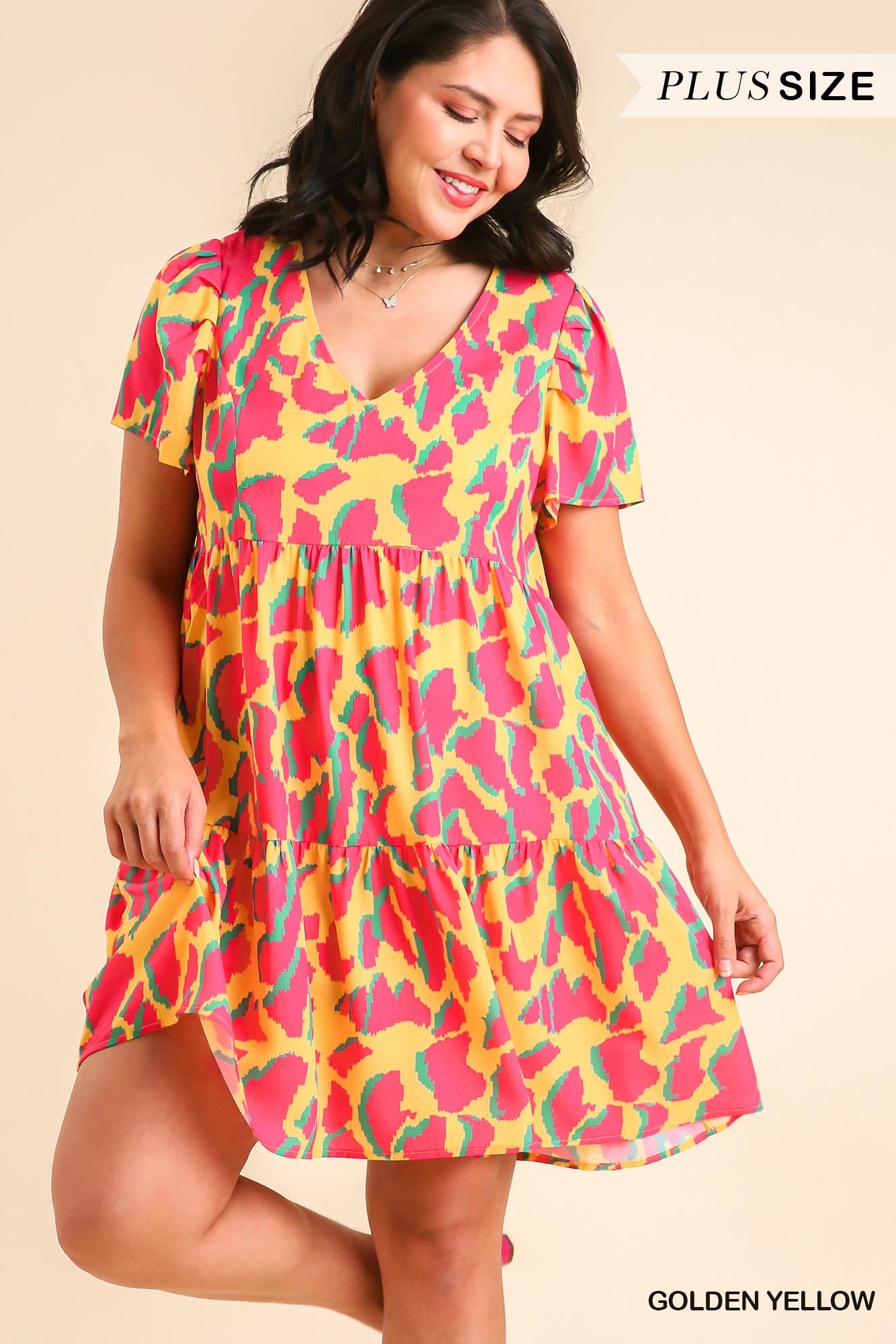 Umgee Plus Abstract Print V-Neck Tiered Pleat On Sleeves Dress