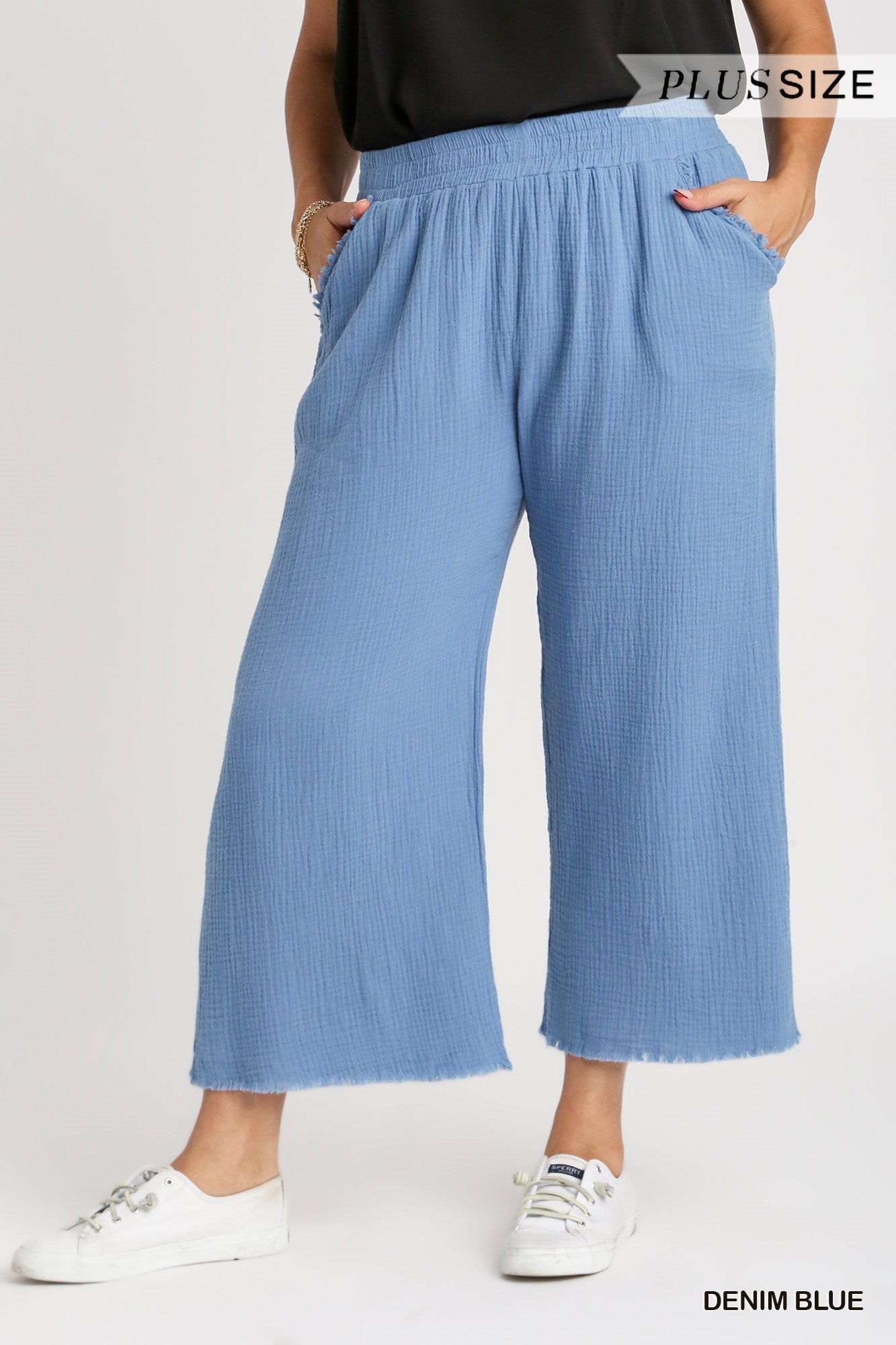 Umgee Plus Elastic Waist Band Unfinished Hem Wide Leg Pants