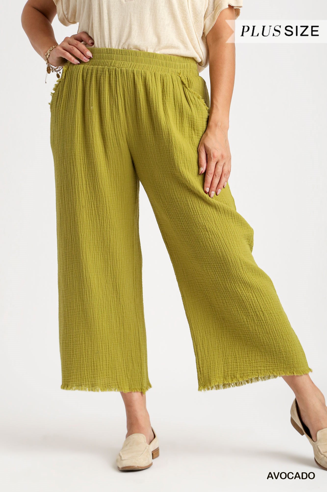 Umgee Plus Elastic Waist Band Unfinished Hem Wide Leg Pants