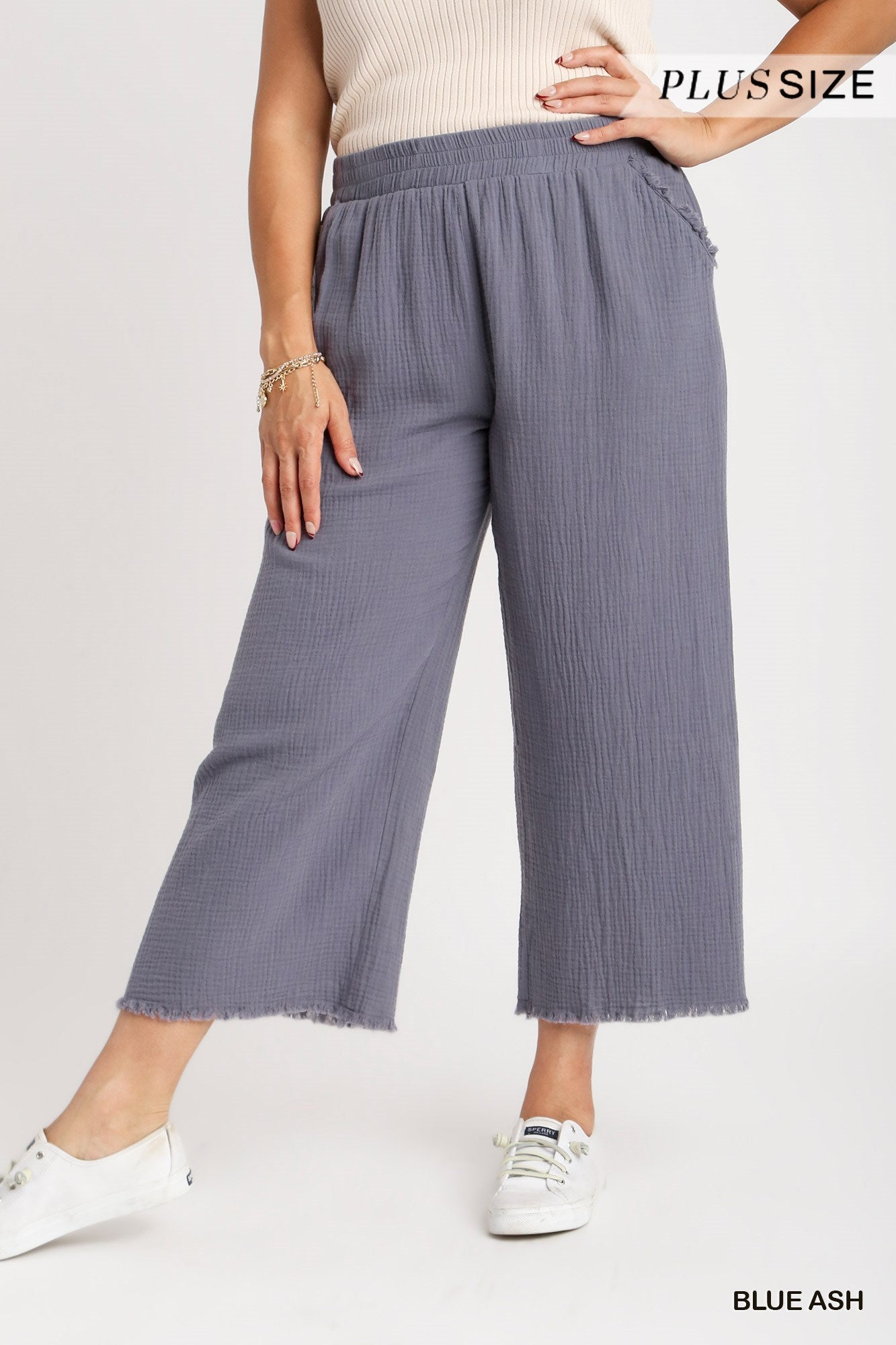 Umgee Plus Elastic Waist Band Unfinished Hem Wide Leg Pants