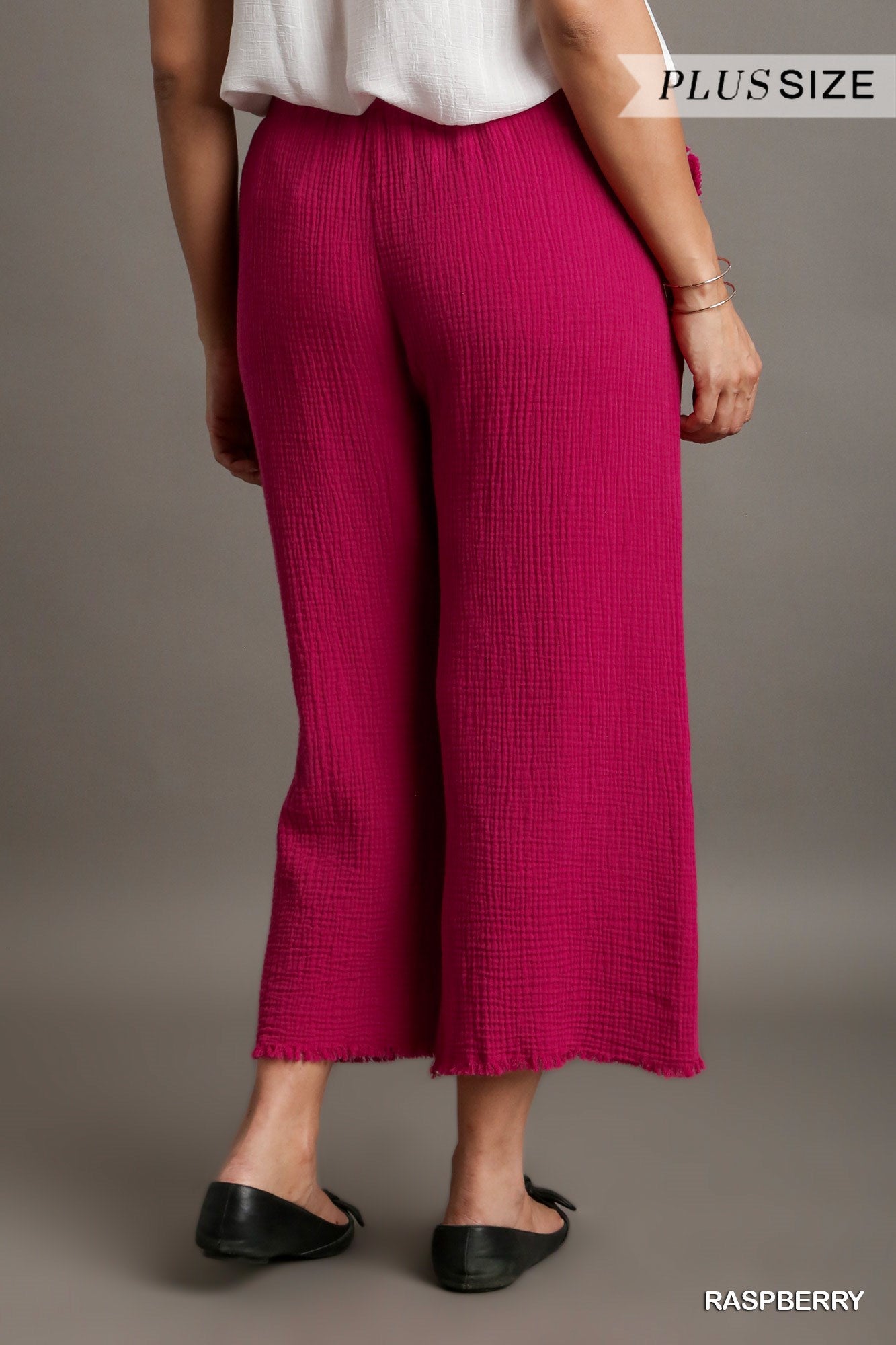 Umgee Plus Elastic Waist Band Unfinished Hem Wide Leg Pants