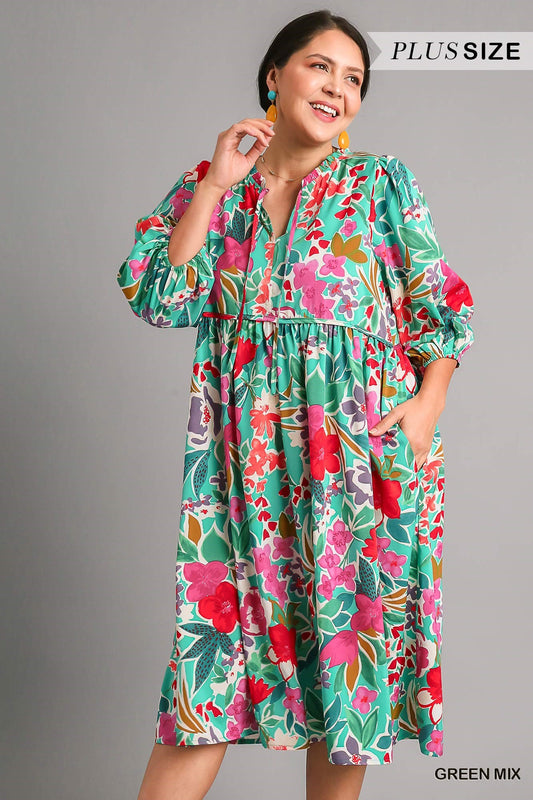 Umgee Plus Floral Print V- Notch Peasant 3/4 Puff Sleeves Neck Tie Ruffle Dress
