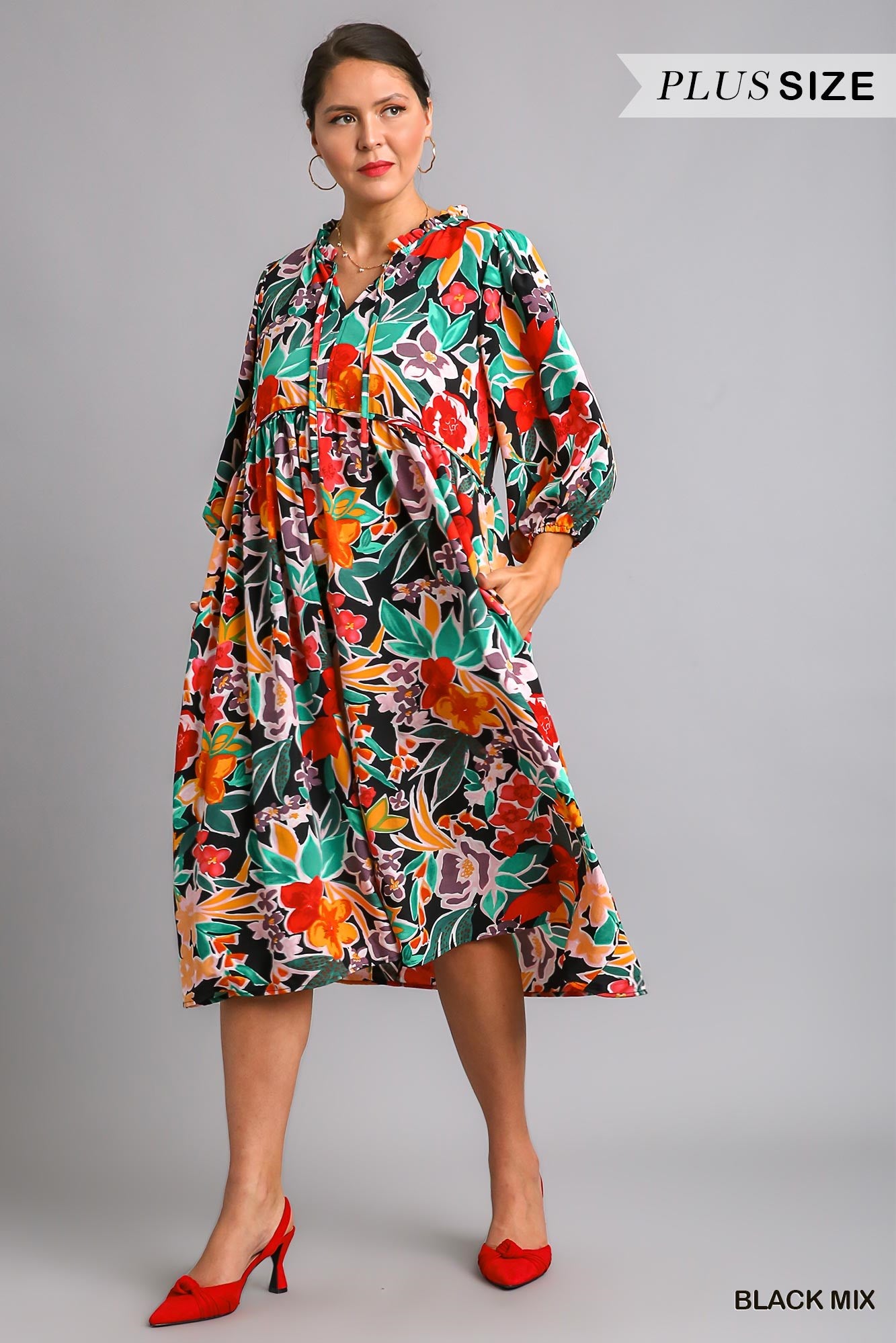 Umgee Plus Floral Print V- Notch Peasant 3/4 Puff Sleeves Neck Tie Ruffle Dress