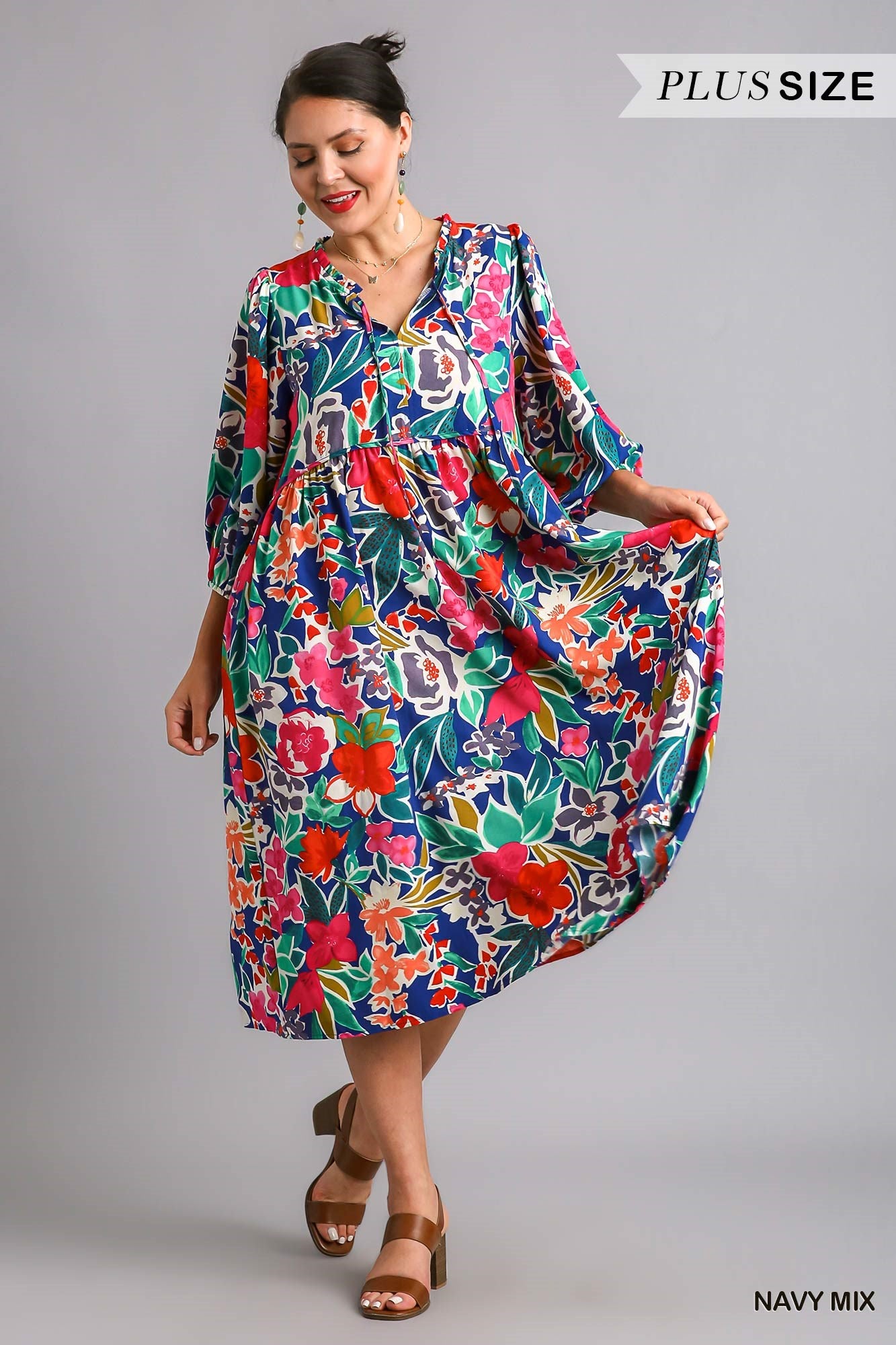 Umgee Plus Floral Print V- Notch Peasant 3/4 Puff Sleeves Neck Tie Ruffle Dress