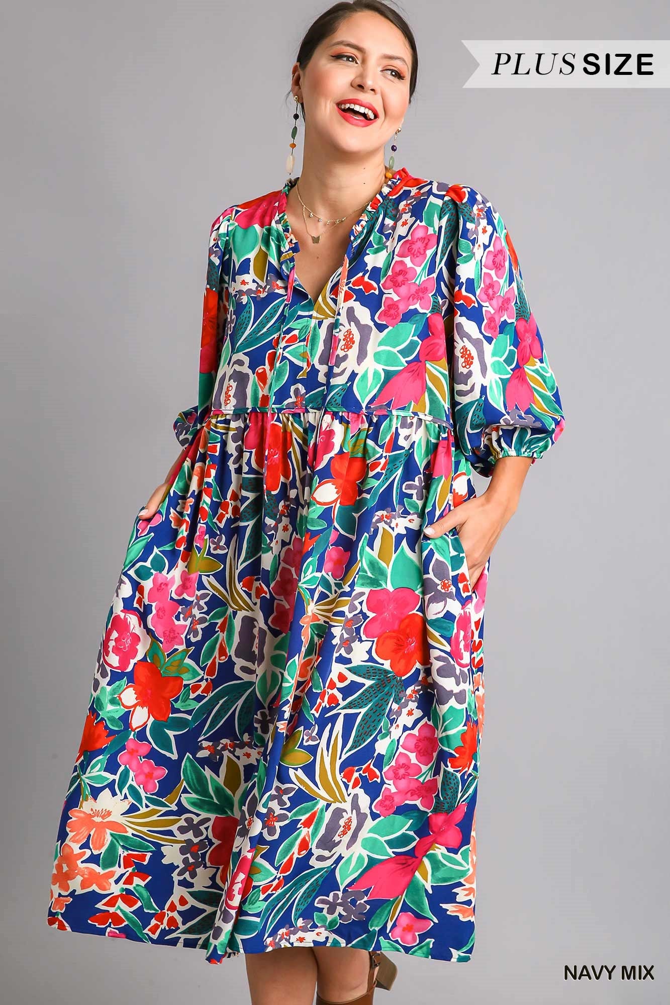 Umgee Plus Floral Print V- Notch Peasant 3/4 Puff Sleeves Neck Tie Ruffle Dress