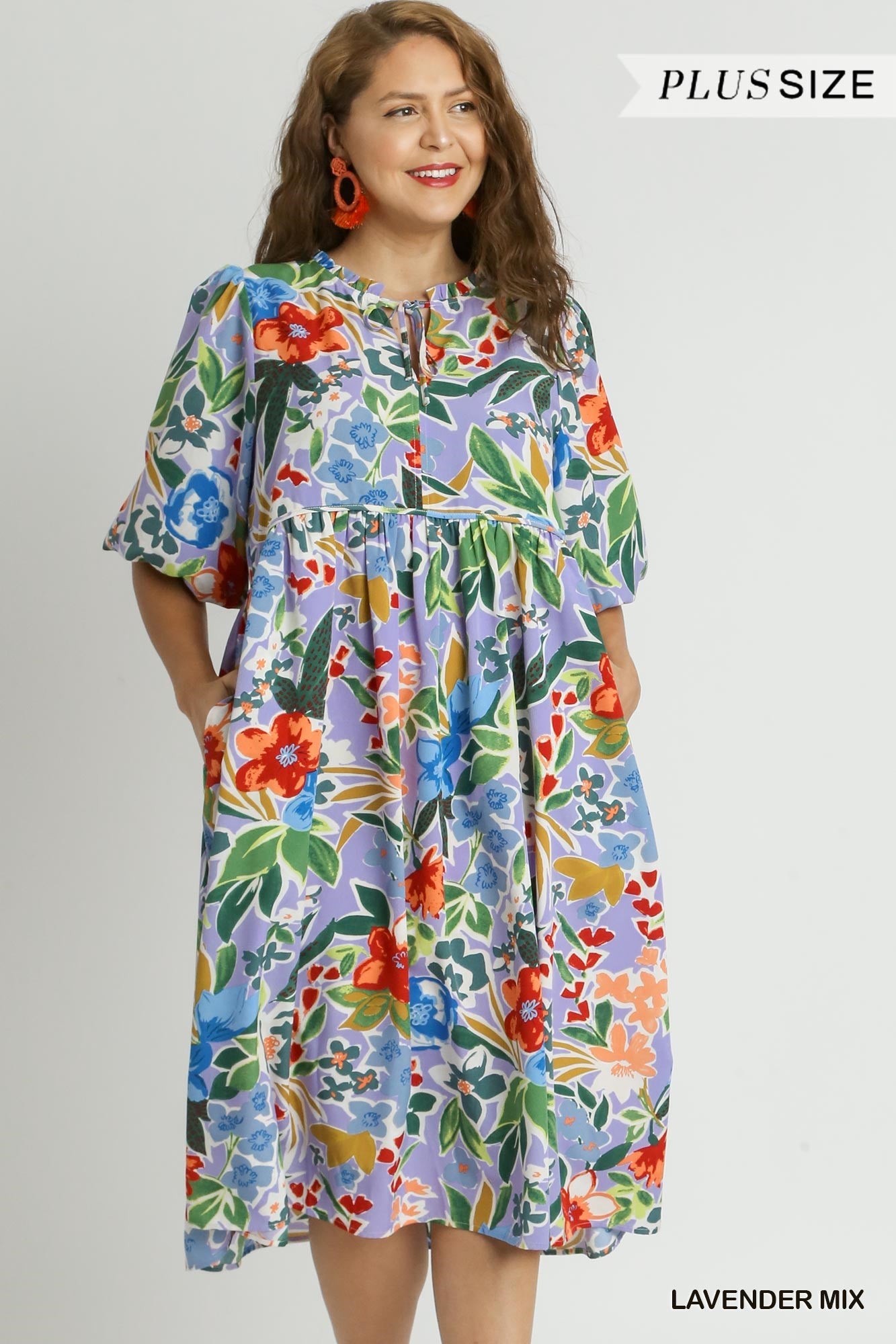 Umgee Plus Floral Print V- Notch Peasant 3/4 Puff Sleeves Neck Tie Ruffle Dress