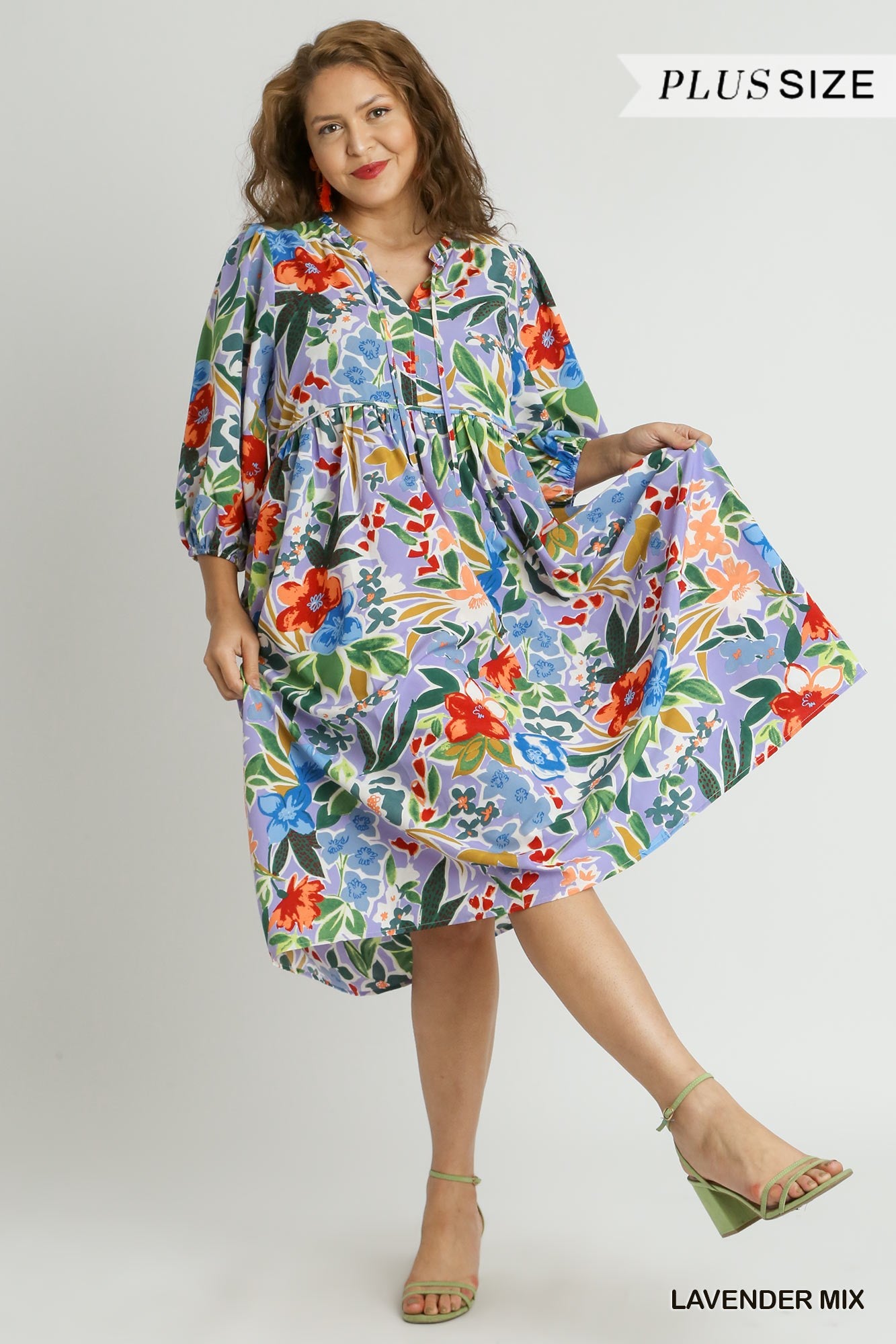 Umgee Plus Floral Print V- Notch Peasant 3/4 Puff Sleeves Neck Tie Ruffle Dress