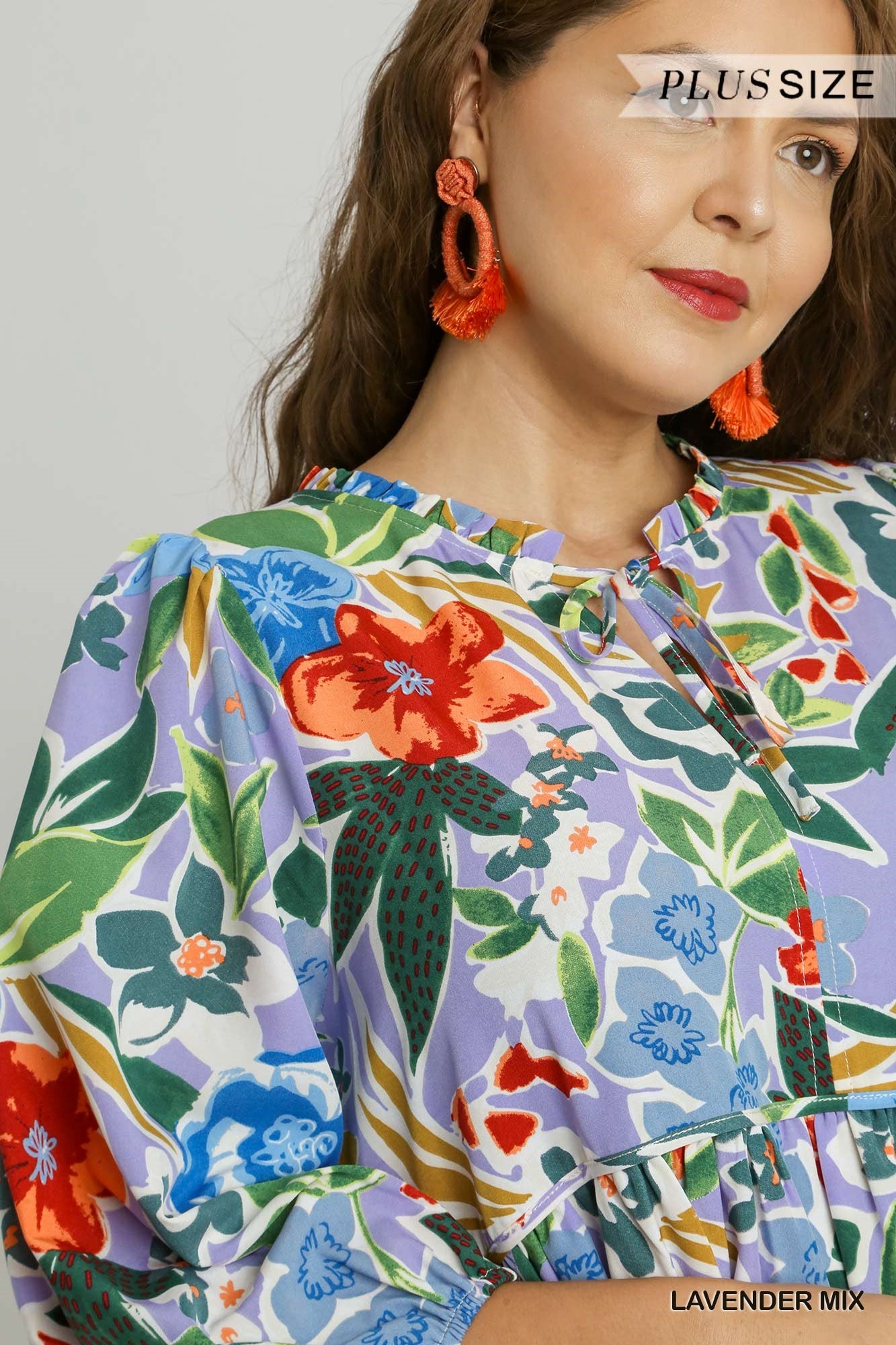 Umgee Plus Floral Print V- Notch Peasant 3/4 Puff Sleeves Neck Tie Ruffle Dress