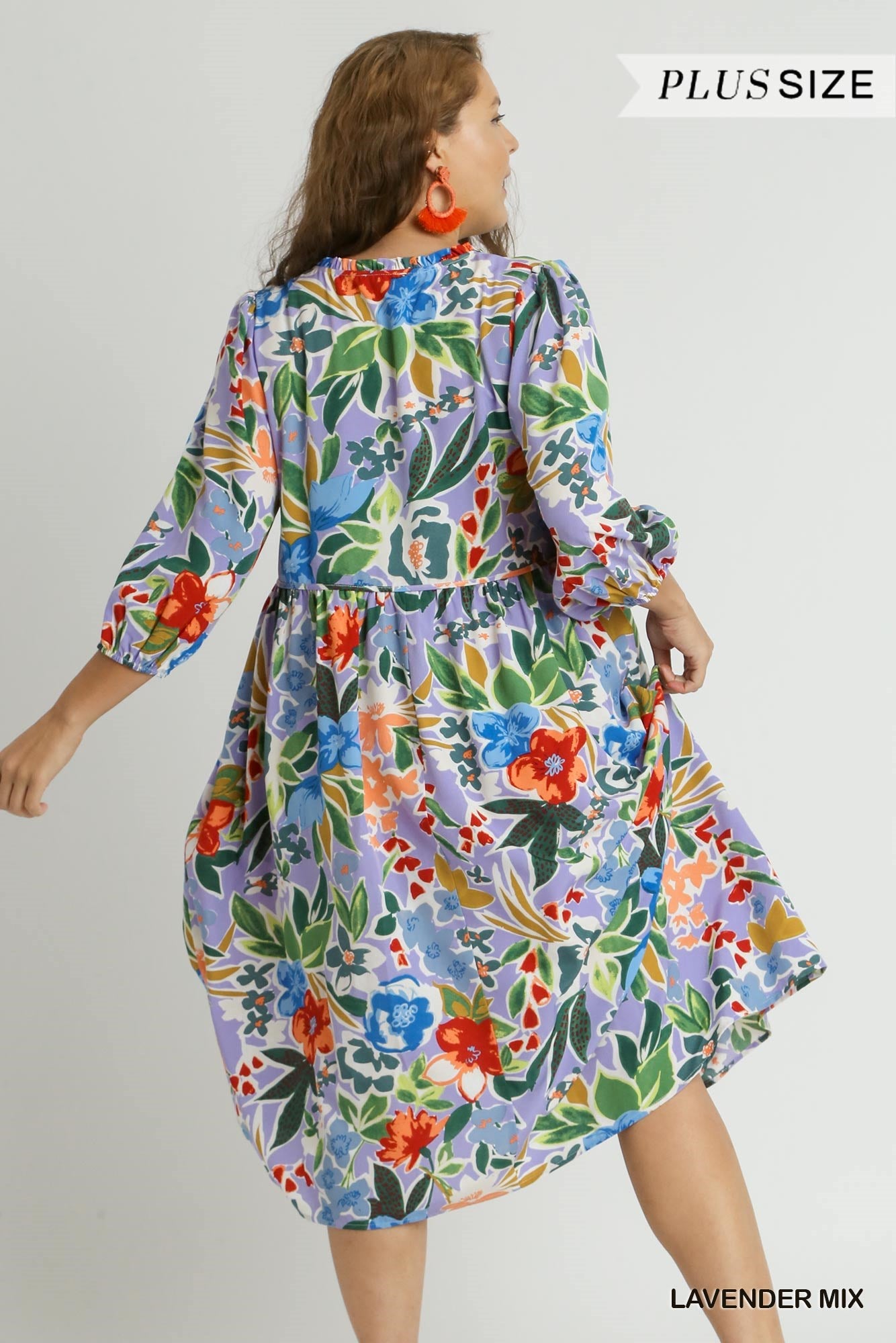 Umgee Plus Floral Print V- Notch Peasant 3/4 Puff Sleeves Neck Tie Ruffle Dress