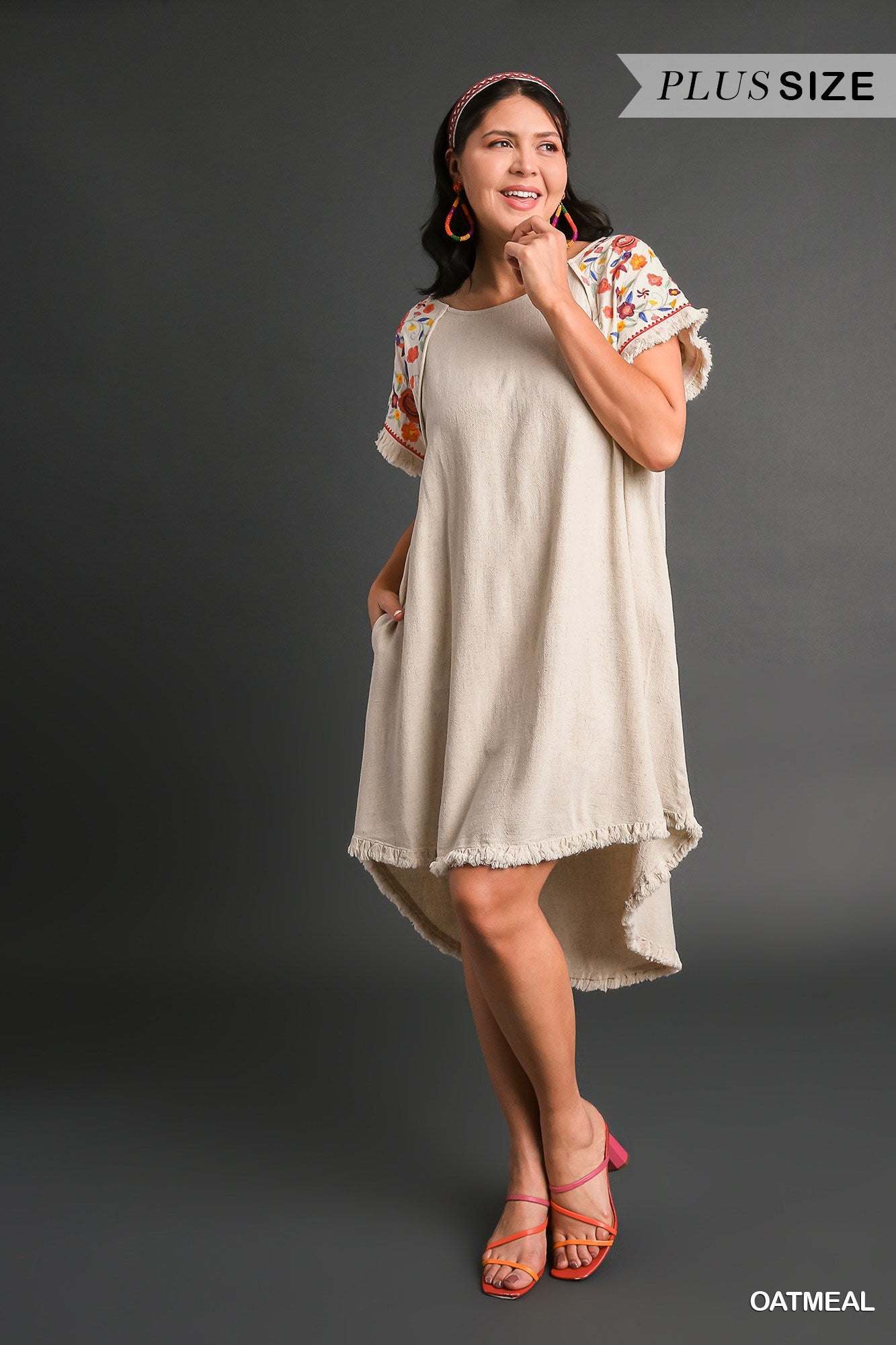 Umgee Plus Linen Short Sleeve Embroidery High Low Hem Fringe Dress