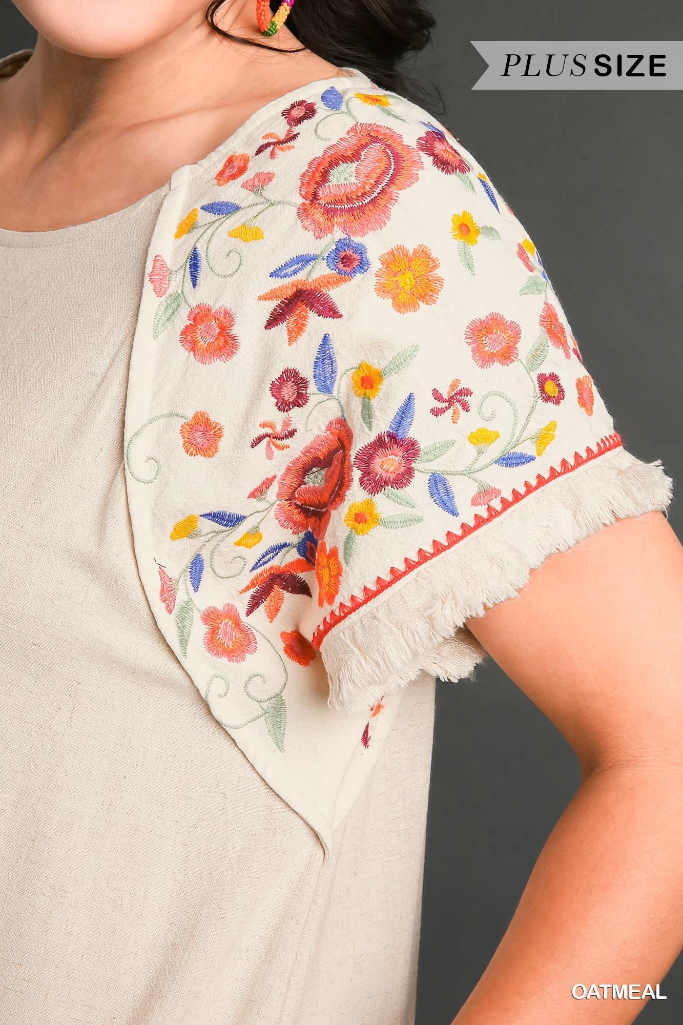Umgee Plus Linen Short Sleeve Embroidery High Low Hem Fringe Dress