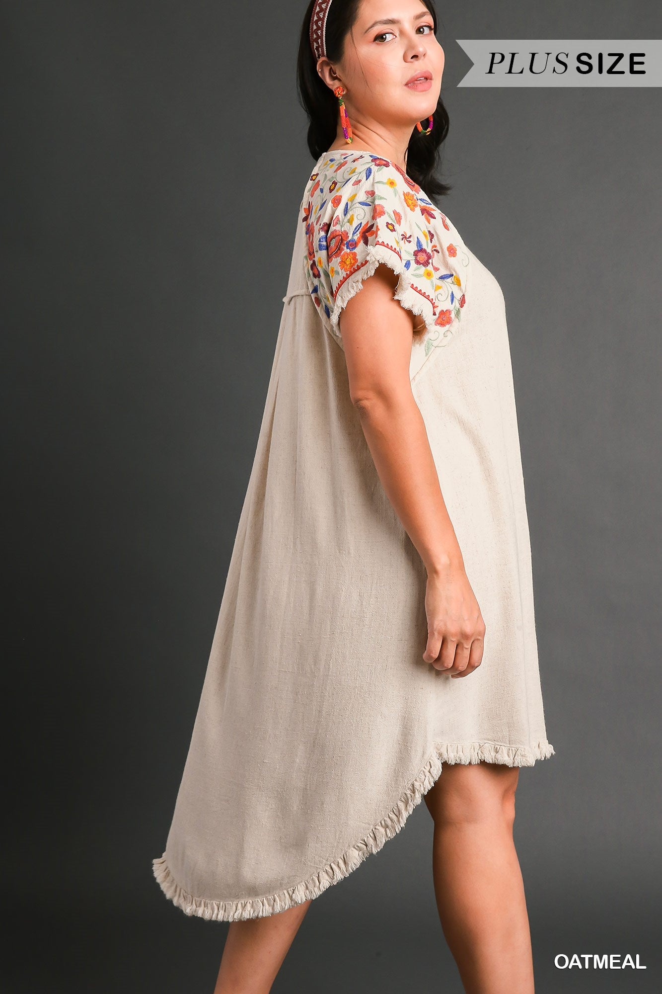 Umgee Plus Linen Short Sleeve Embroidery High Low Hem Fringe Dress