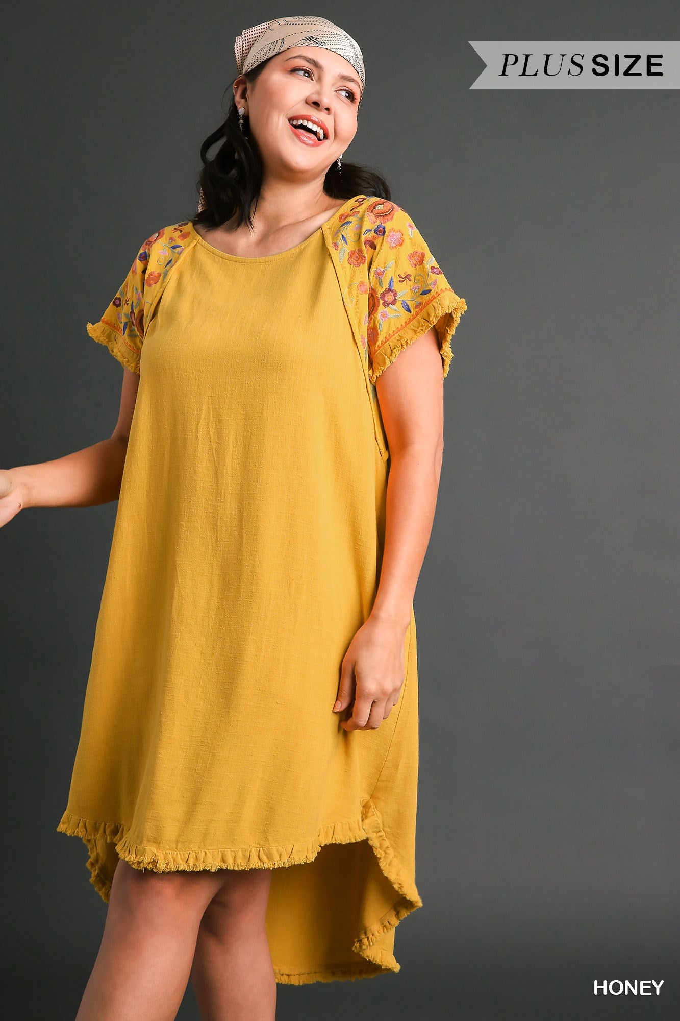 Umgee Plus Linen Short Sleeve Embroidery High Low Hem Fringe Dress