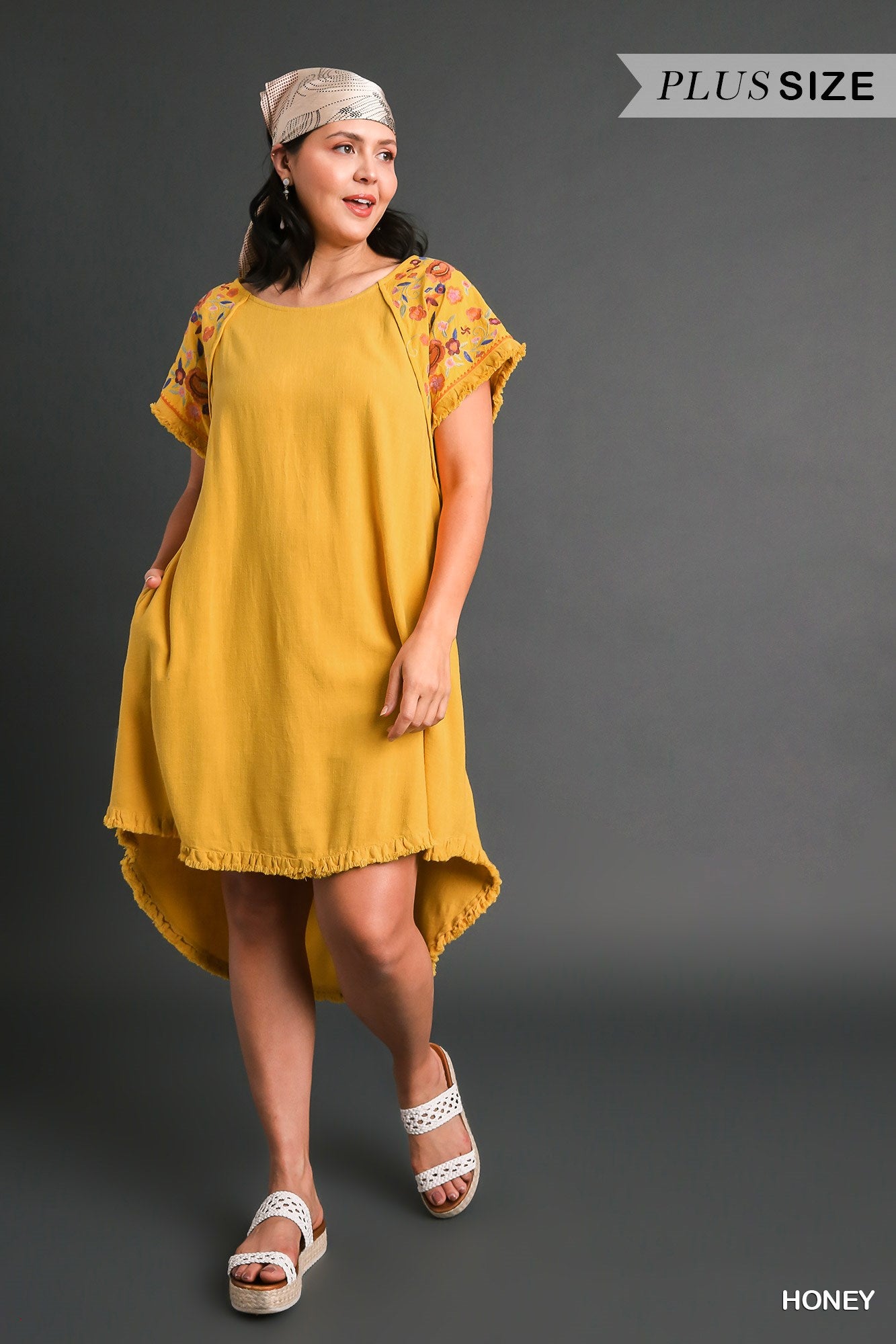 Umgee Plus Linen Short Sleeve Embroidery High Low Hem Fringe Dress