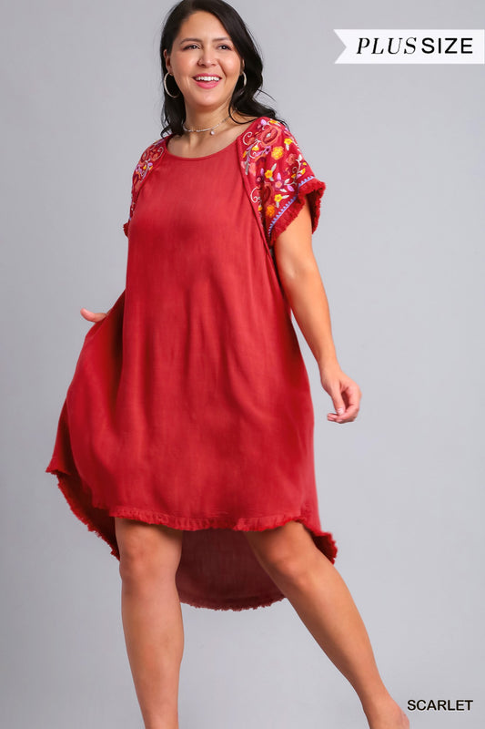 Umgee Plus Linen Short Sleeve Embroidery High Low Hem Fringe Dress