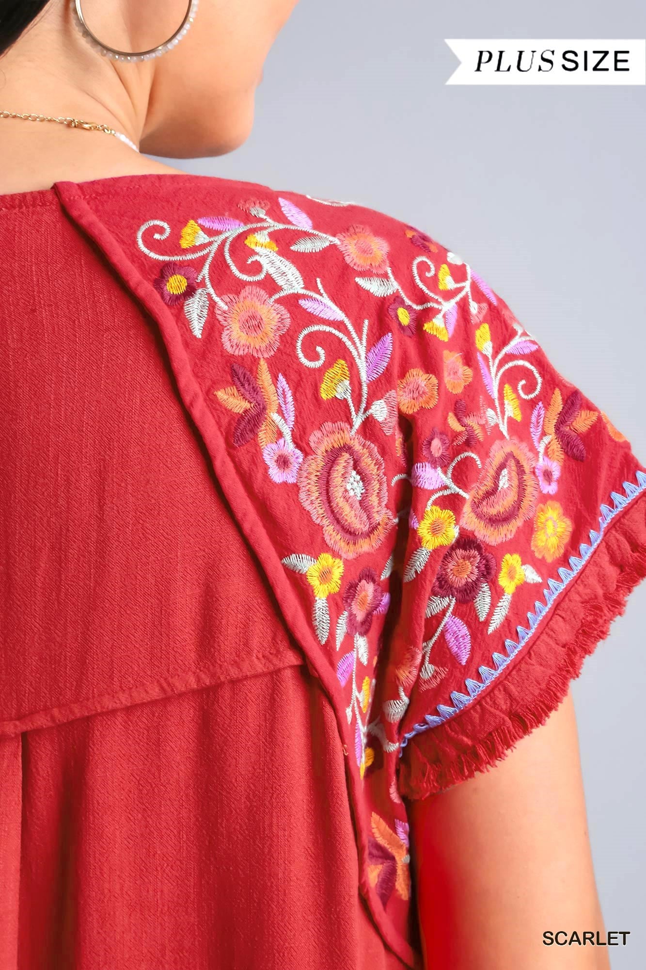 Umgee Plus Linen Short Sleeve Embroidery High Low Hem Fringe Dress