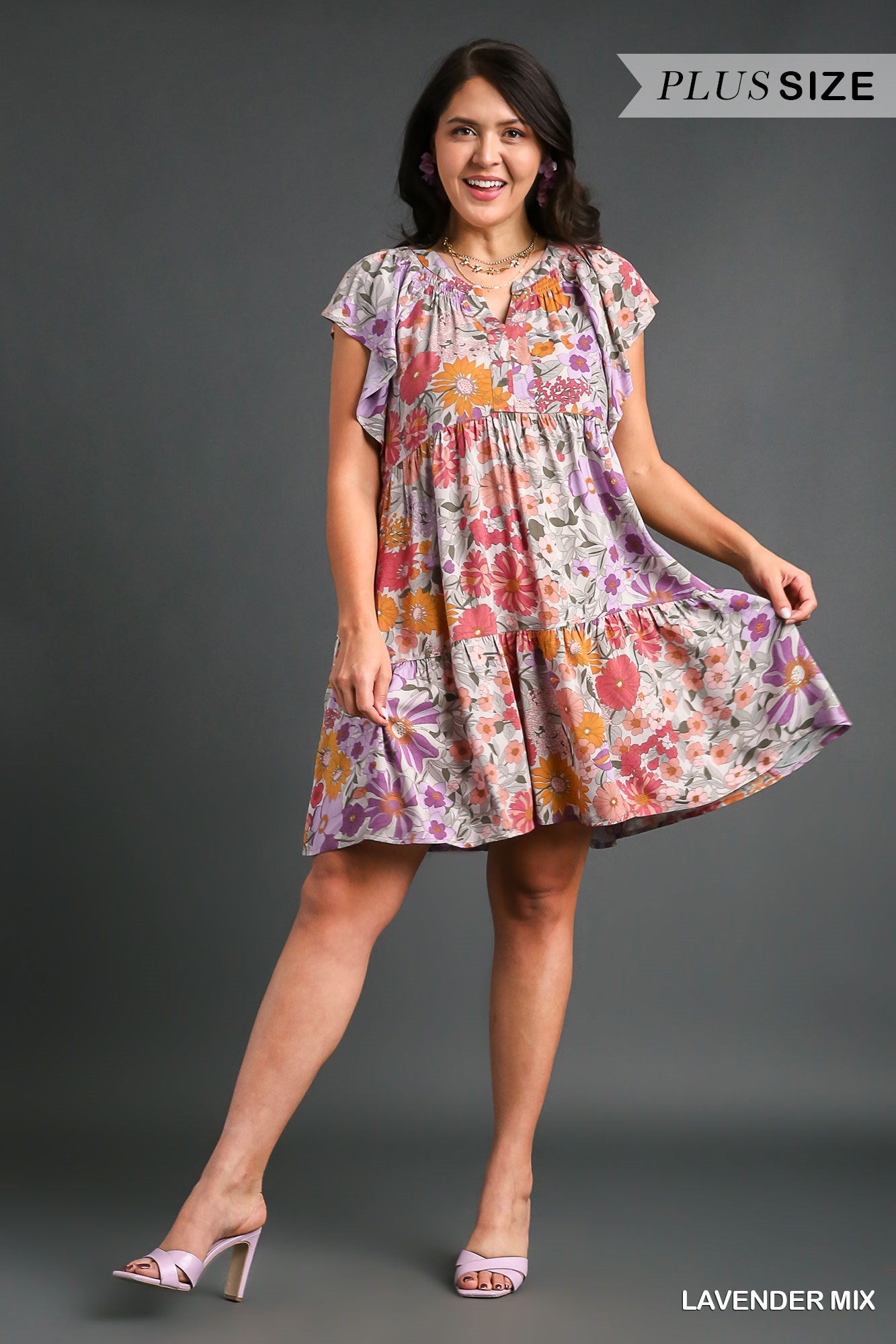 Umgee Plus Floral Print Flutter Sleeves Split Neckline Smocked Dress