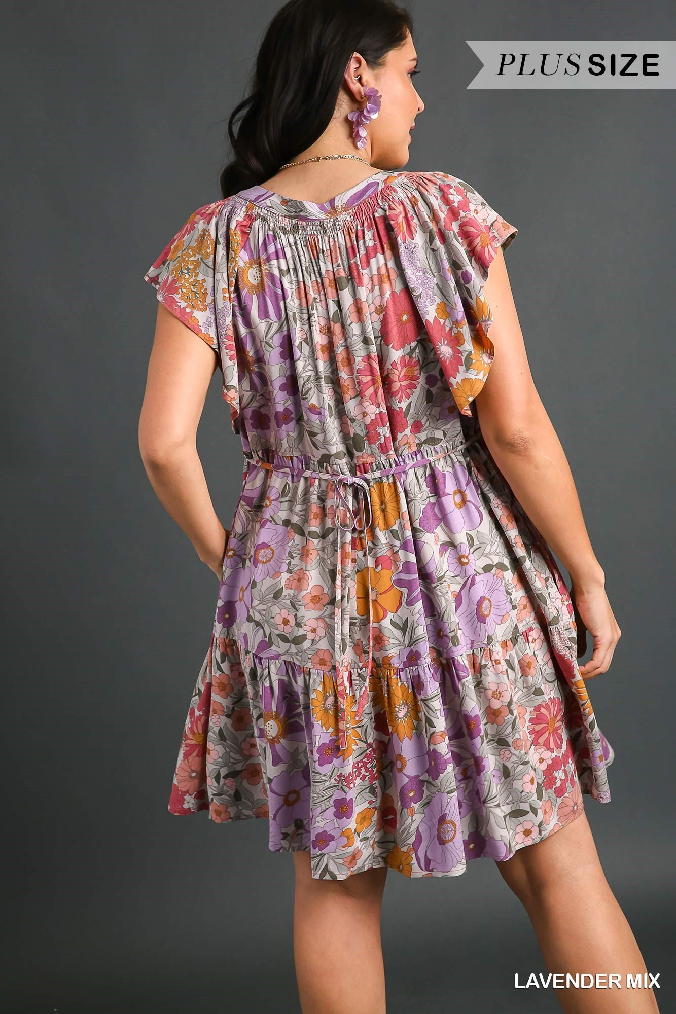 Umgee Plus Floral Print Flutter Sleeves Split Neck Back Tie Smocked Dress