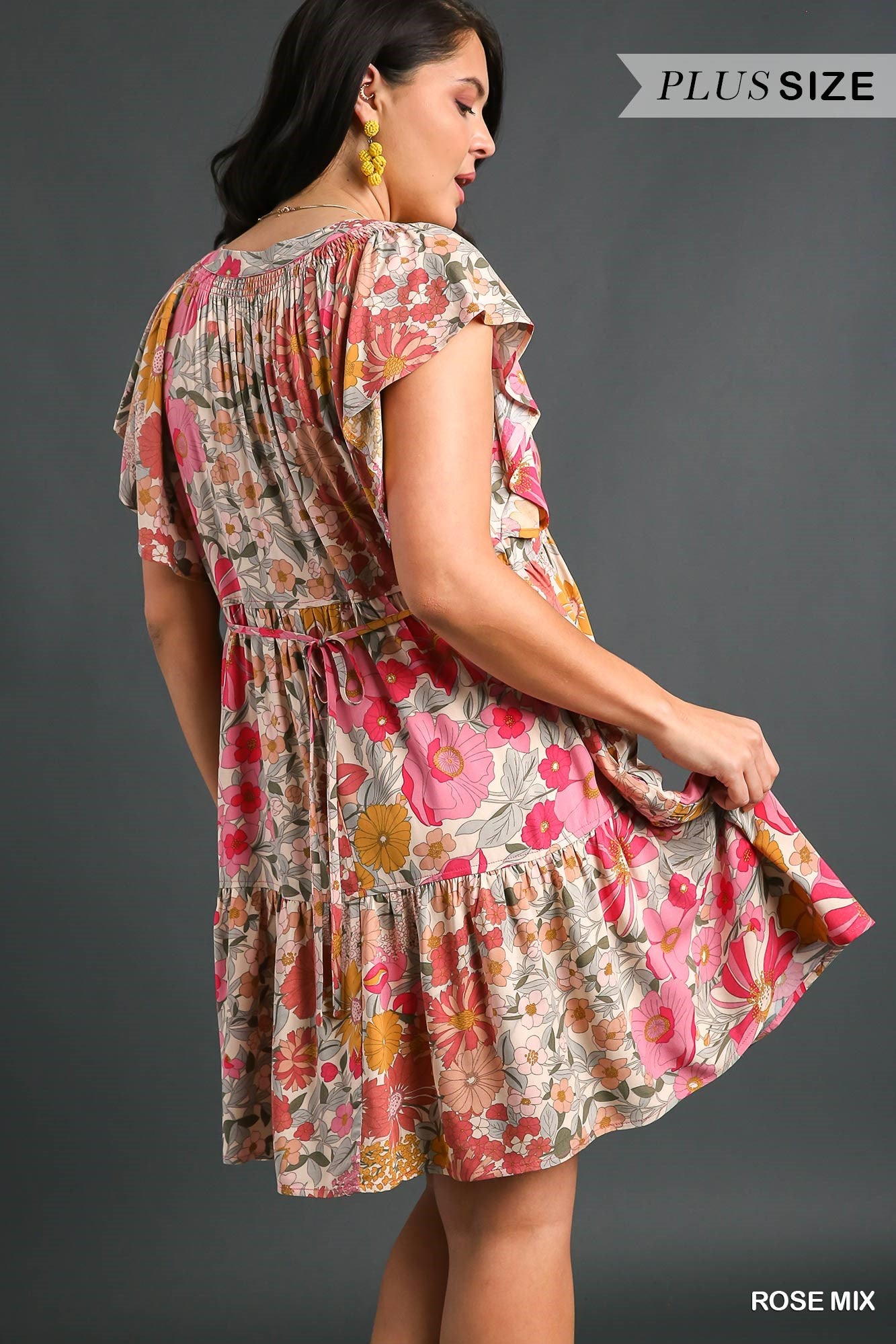 Umgee Plus Floral Print Flutter Sleeves Split Neckline Smocked Dress