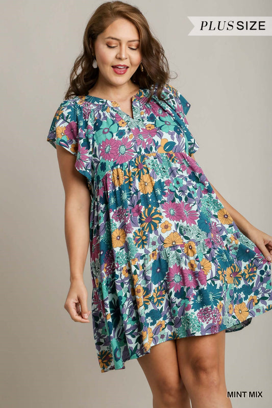 Umgee Plus Floral Print Flutter Sleeves Split Neck Back Tie Smocked Dress