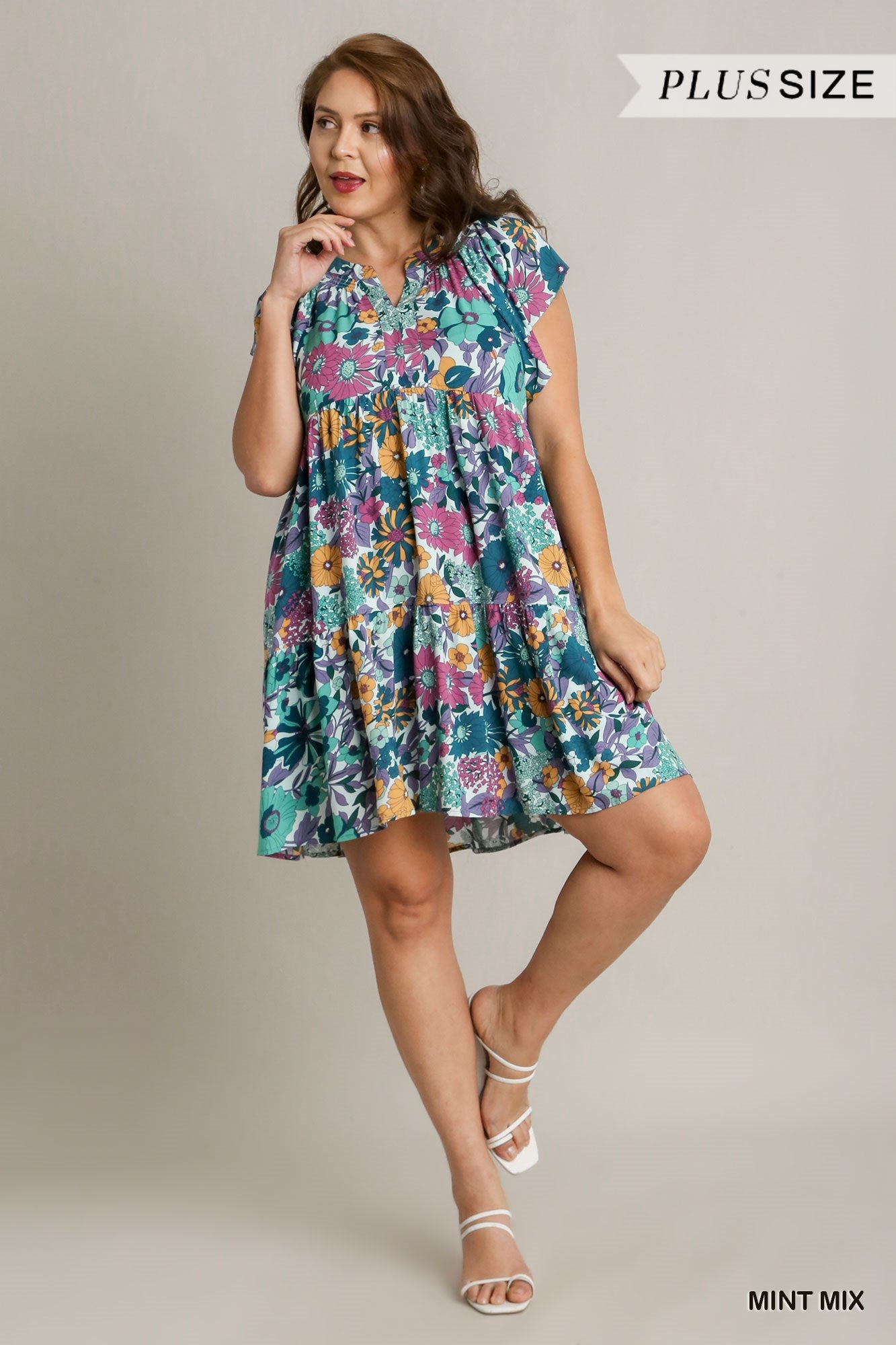 Umgee Plus Floral Print Flutter Sleeves Split Neck Back Tie Smocked Dress