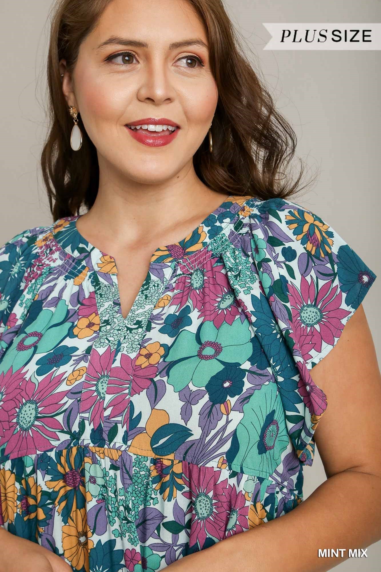 Umgee Plus Floral Print Flutter Sleeves Split Neckline Smocked Dress