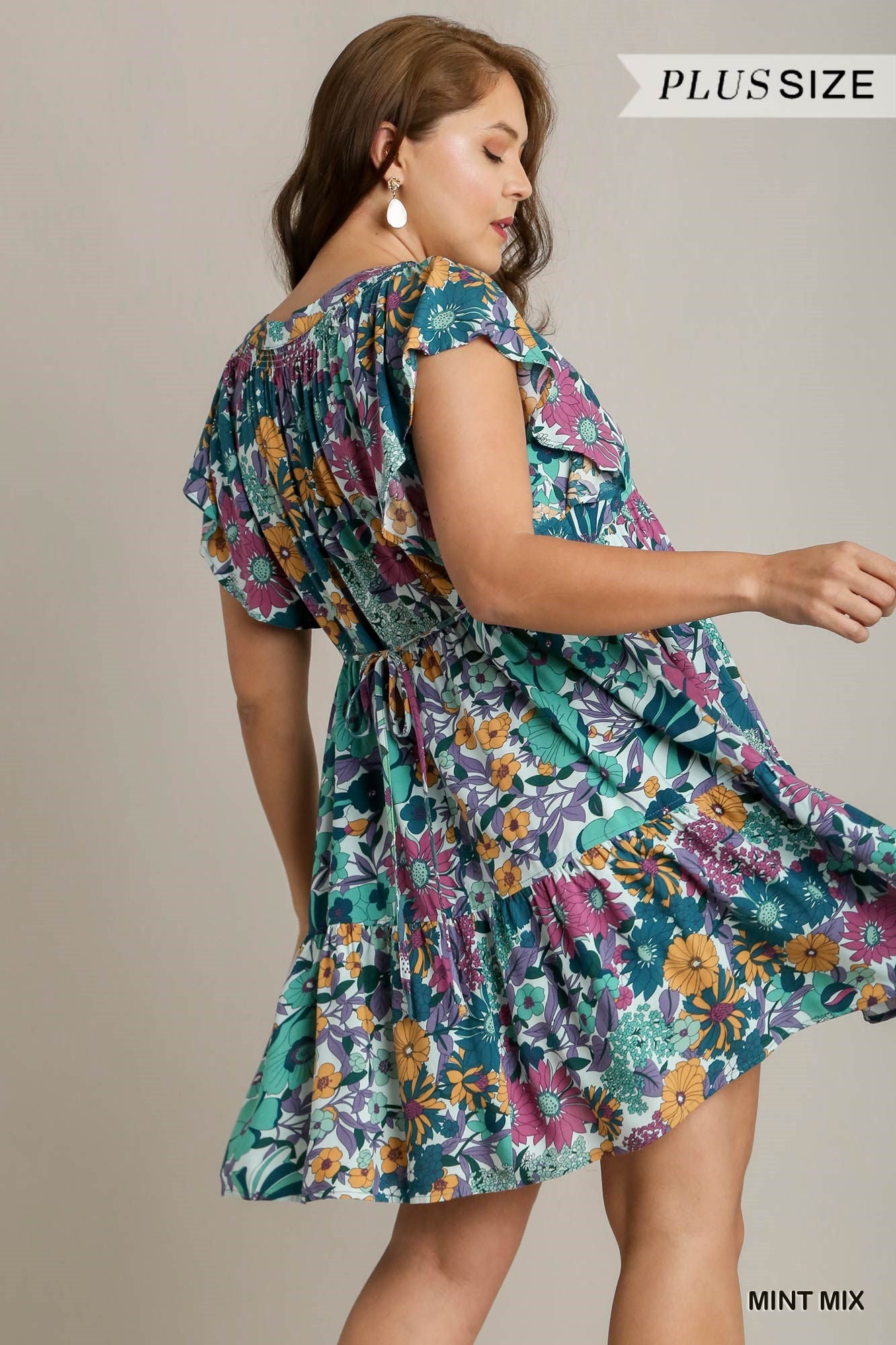 Umgee Plus Floral Print Flutter Sleeves Split Neckline Smocked Dress