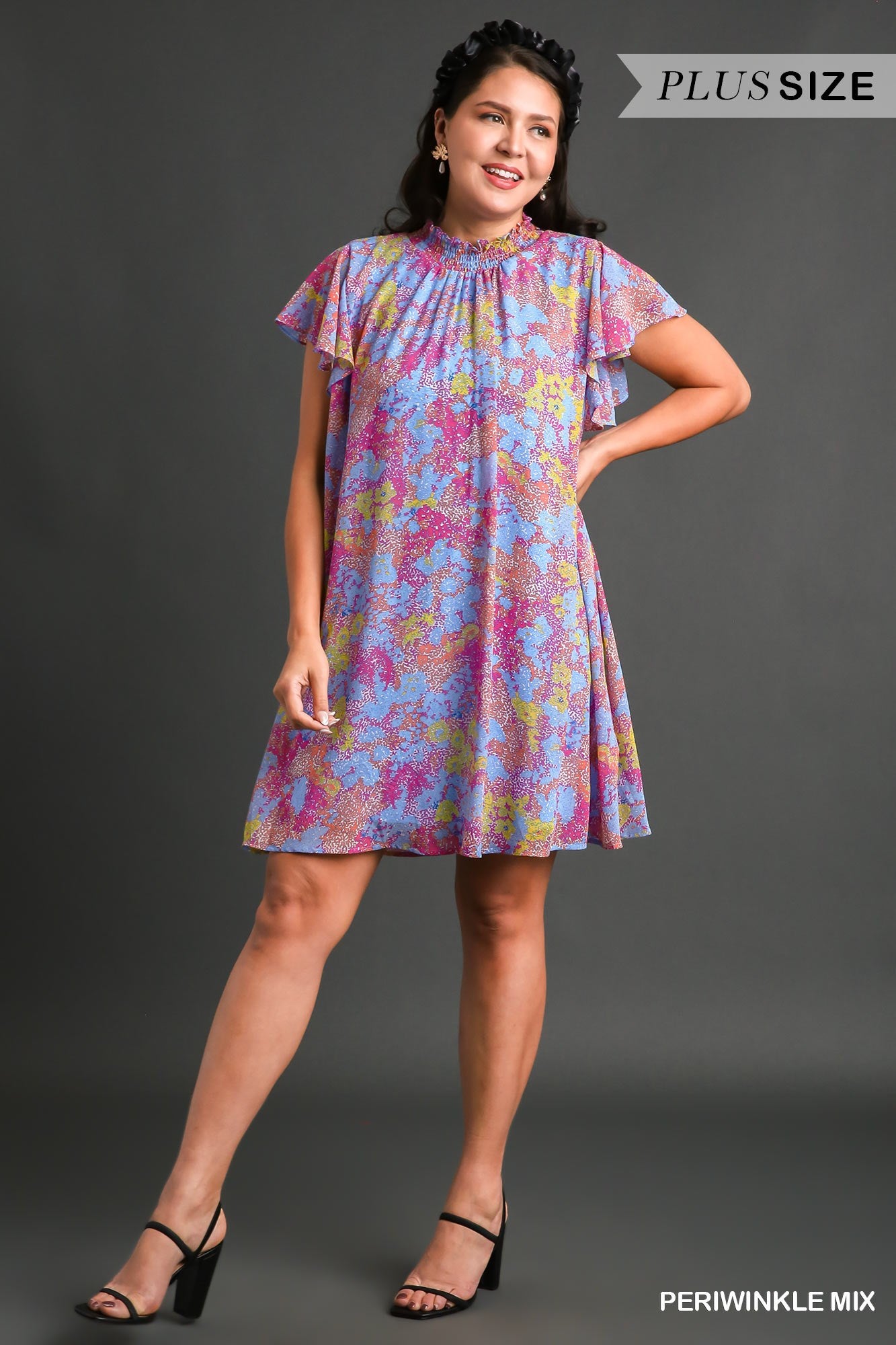 Umgee Plus Abstract Print Smocked Neck Chiffon Flutter Sleeves Dress