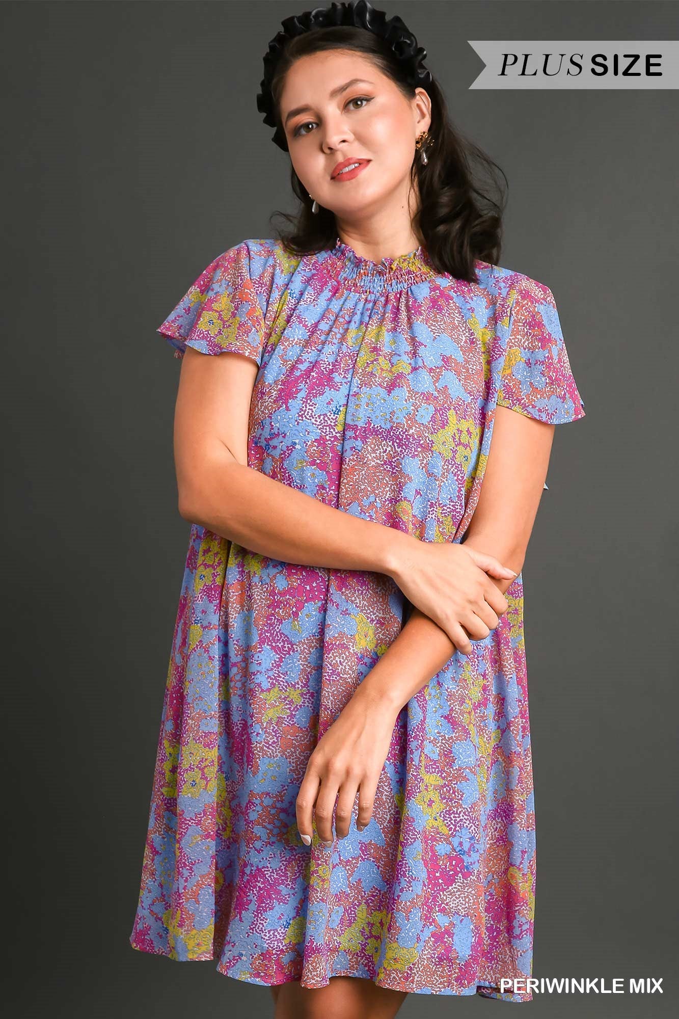 Umgee Plus Abstract Print Smocked Neck Chiffon Flutter Sleeves Dress