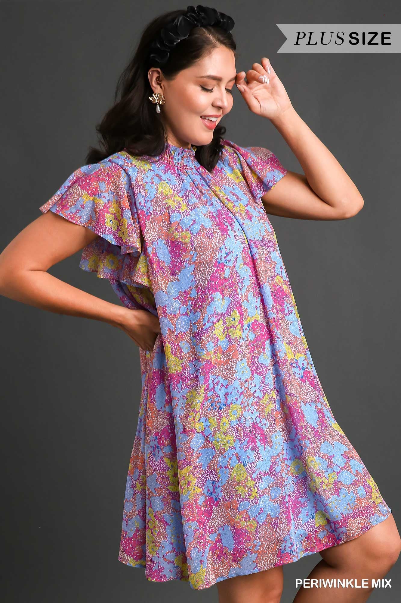 Umgee Plus Abstract Print Smocked Neck Chiffon Flutter Sleeves Dress