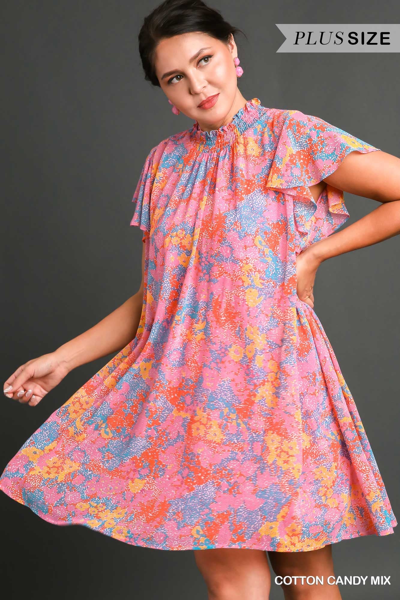 Umgee Plus Abstract Print Smocked Neck Chiffon Flutter Sleeves Dress